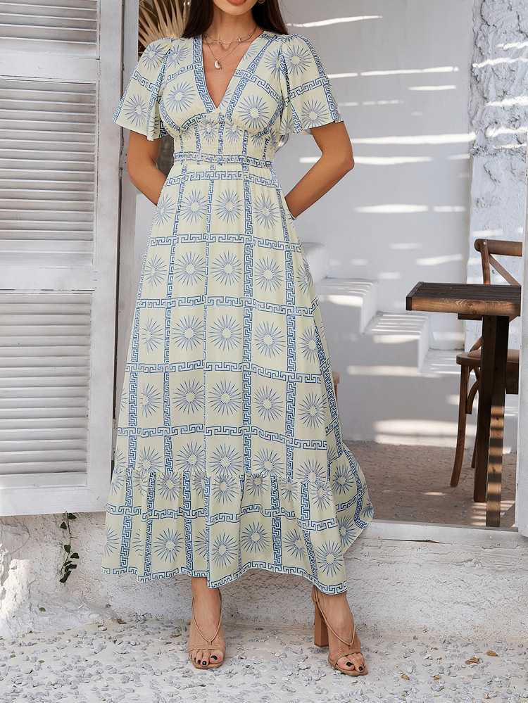 1970s V-Neck Boho Smocked-Waist Floral Dress - Image 4