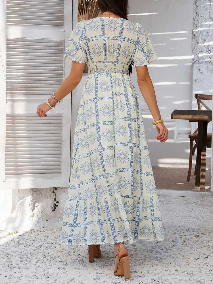 1970s V-Neck Boho Smocked-Waist Floral Dress - Image 6