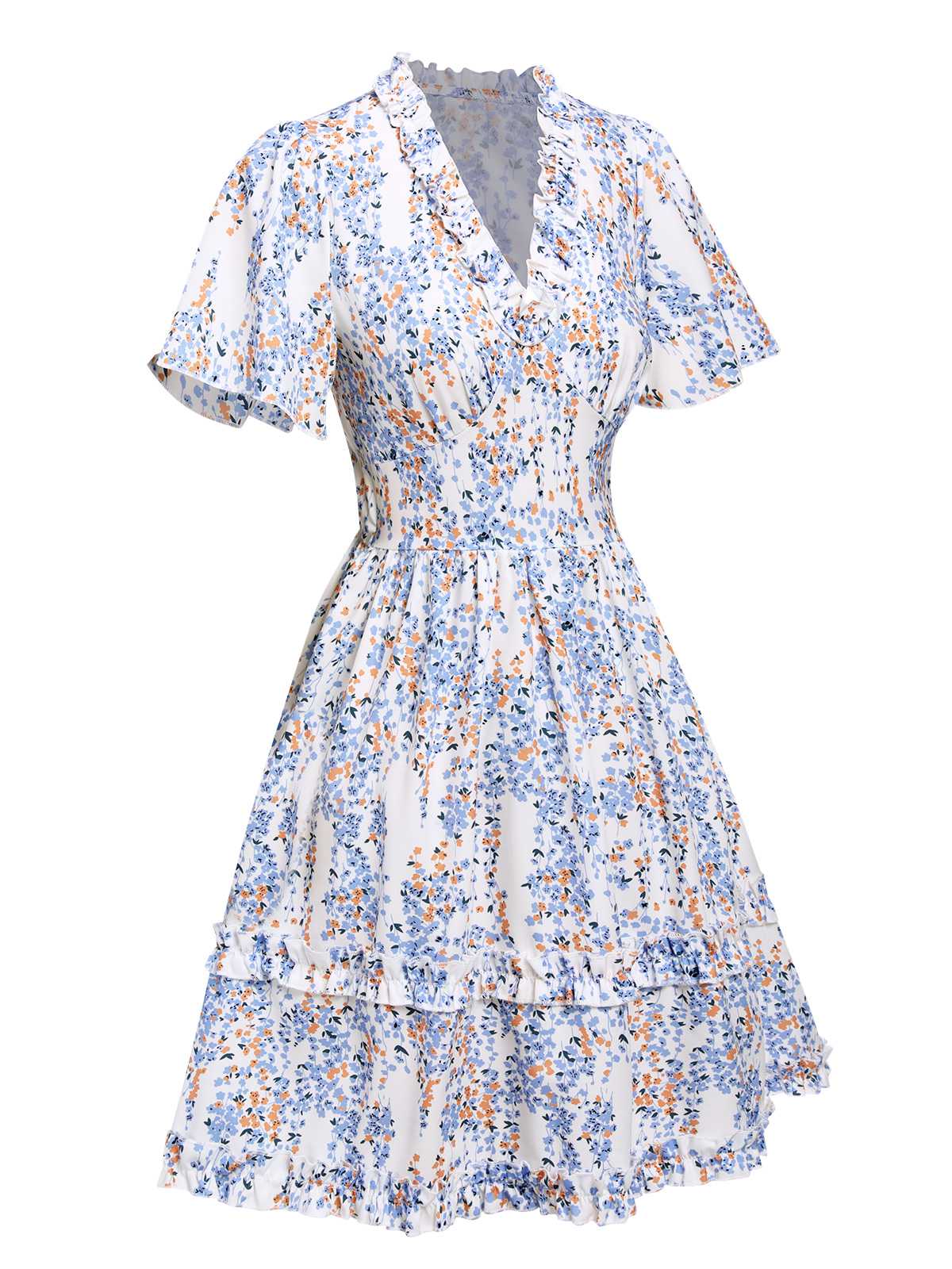 1970s V-Neck Ditsy Floral Wrinkle Dress - Image 2