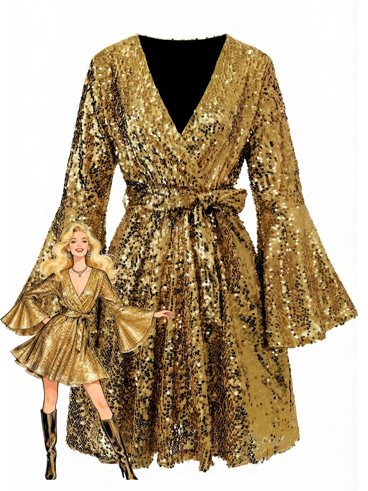 1970s V-Neck Flare Sleeve Sequined Disco Dress - Image 10