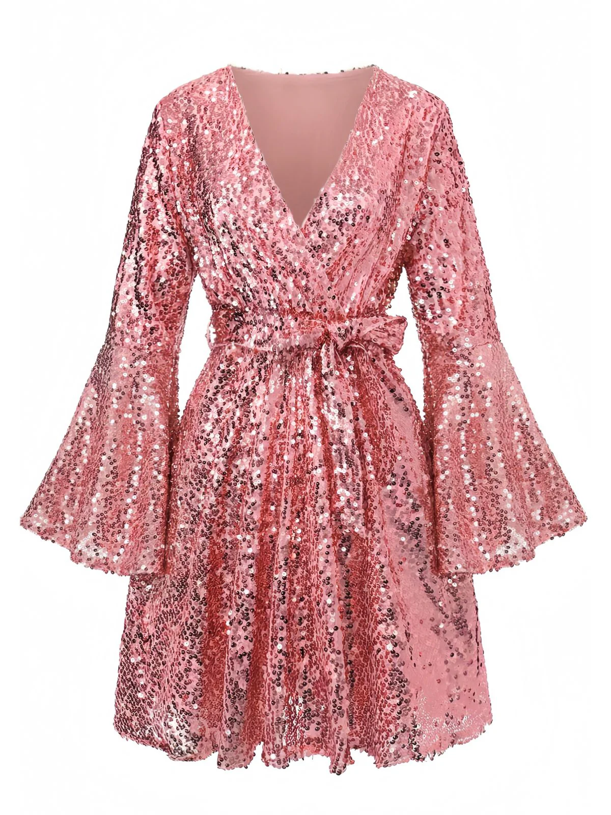 1970s V-Neck Flare Sleeve Sequined Disco Dress - Image 2