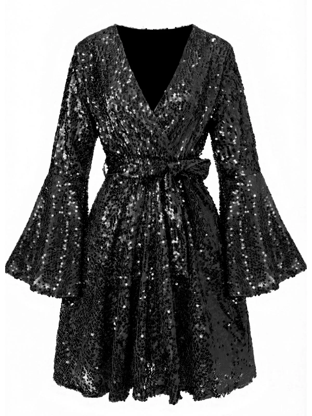 1970s V-Neck Flare Sleeve Sequined Disco Dress - Image 7