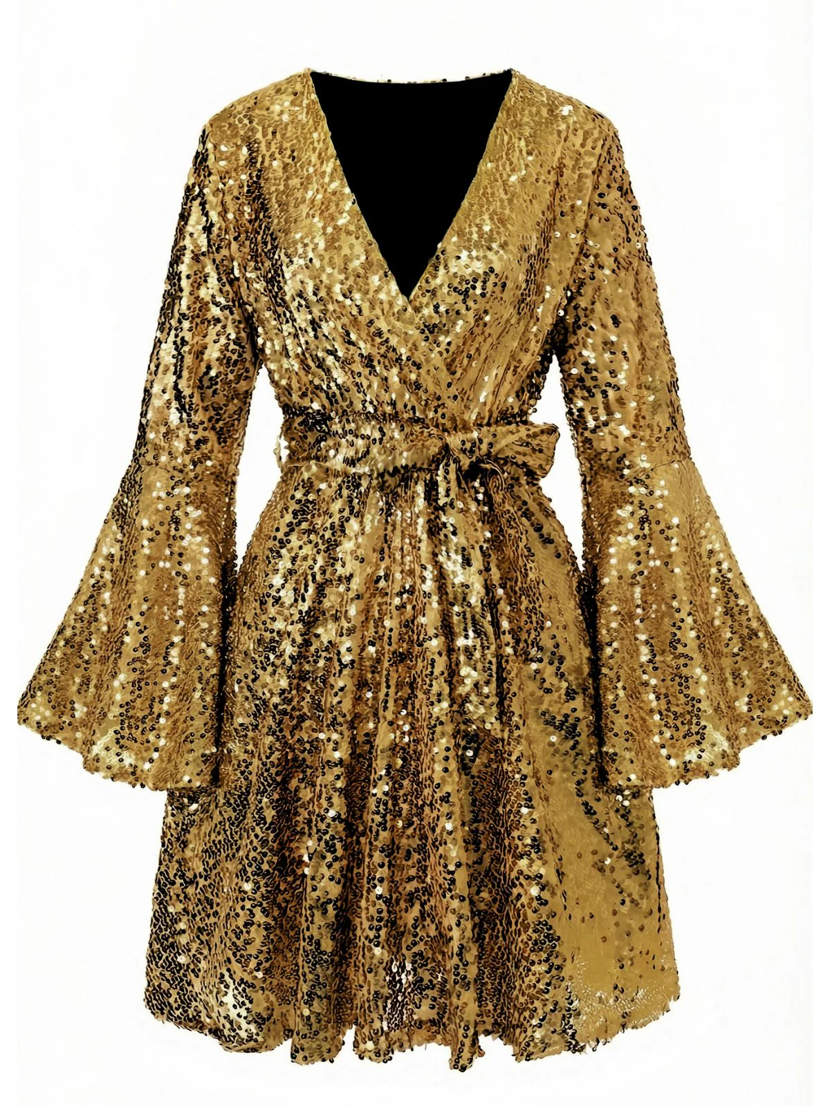 1970s V-Neck Flare Sleeve Sequined Disco Dress - Image 9
