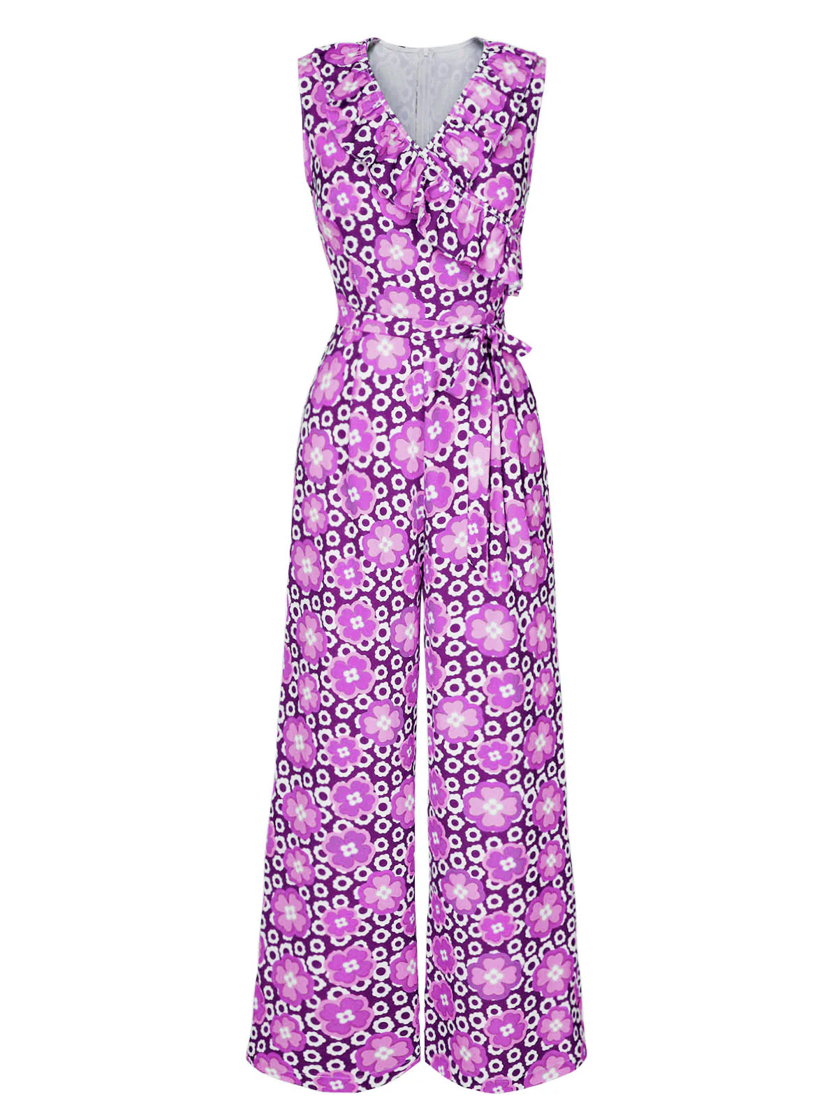 1970s V-Neck Floral Belted Sleeveless Jumpsuit - Image 10