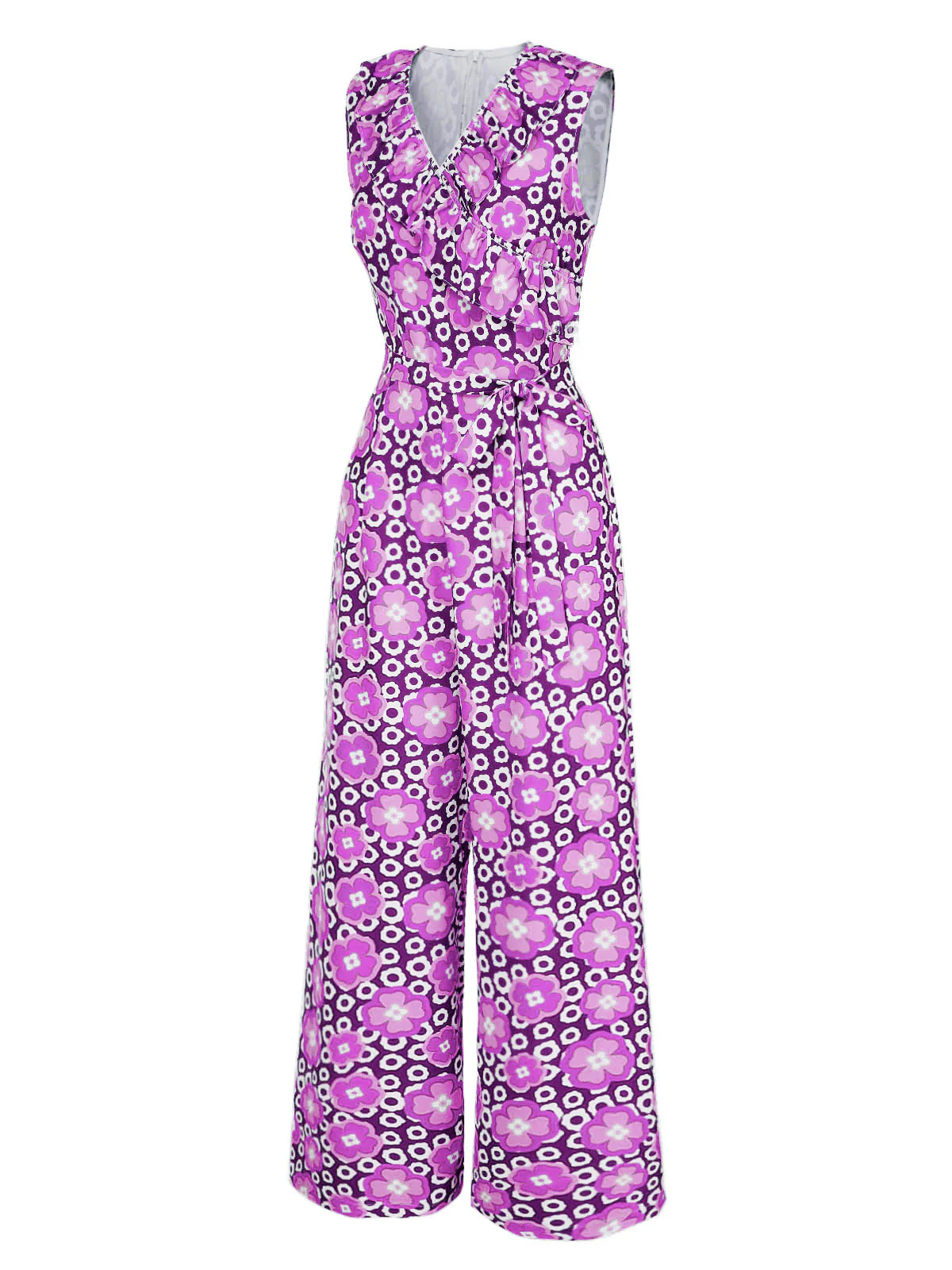 1970s V-Neck Floral Belted Sleeveless Jumpsuit - Image 11