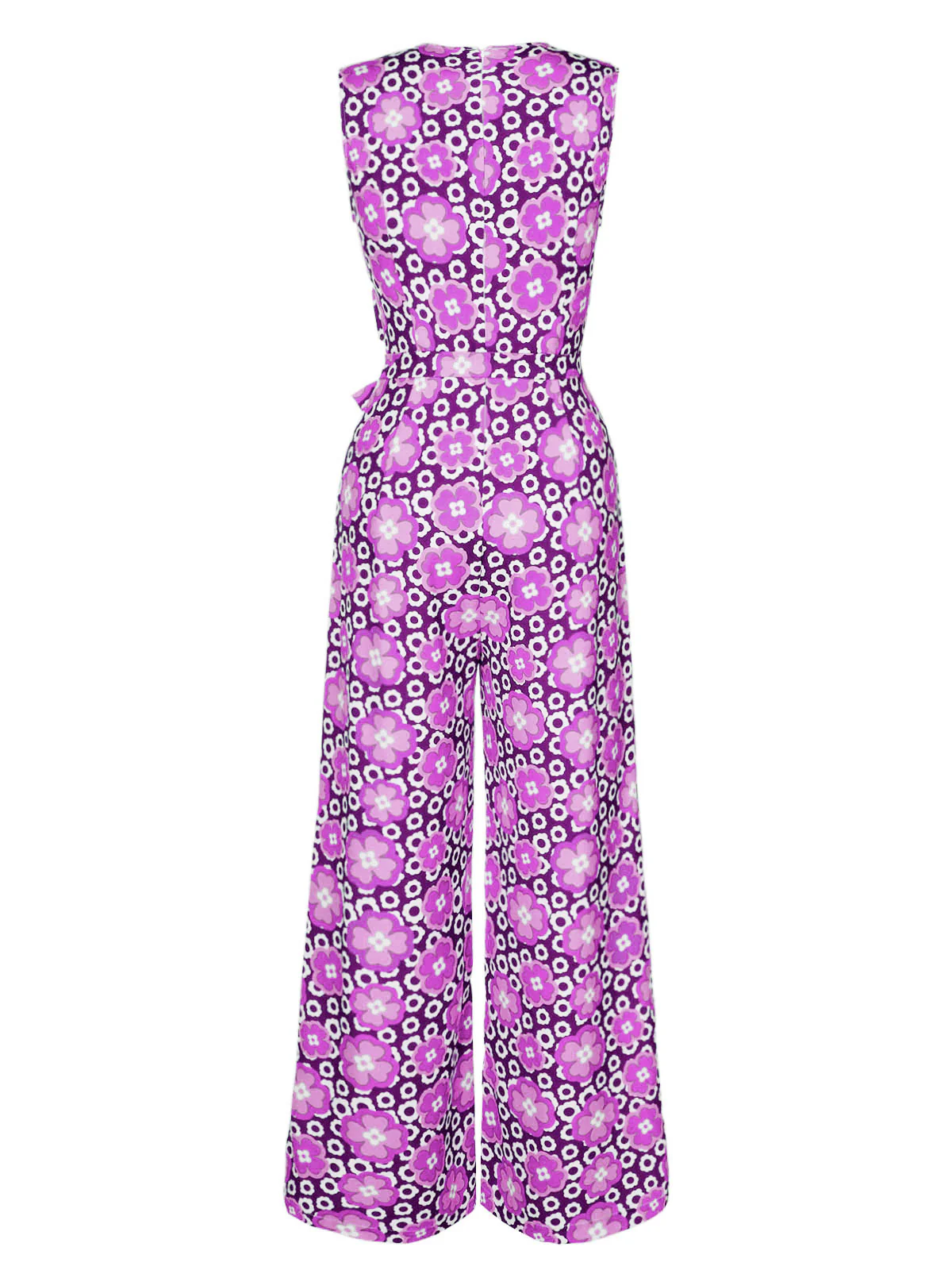1970s V-Neck Floral Belted Sleeveless Jumpsuit - Image 12