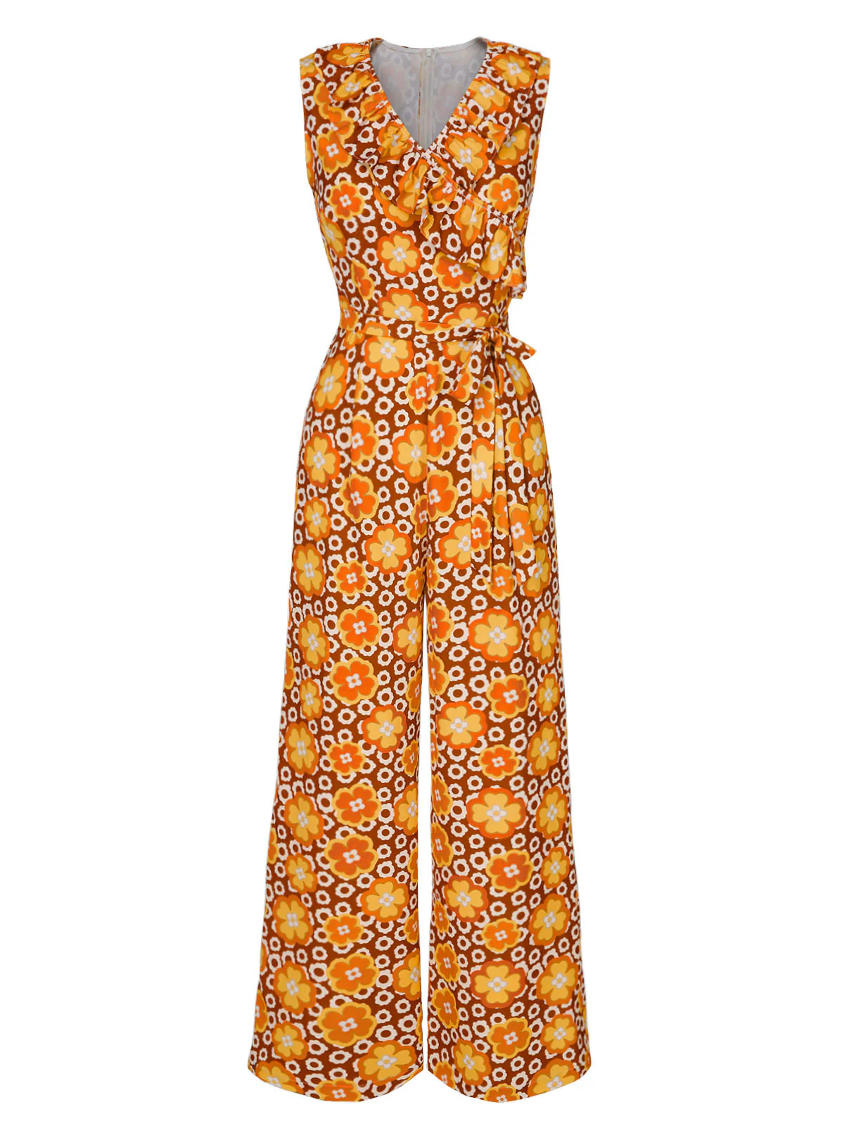 1970s V-Neck Floral Belted Sleeveless Jumpsuit - Image 2