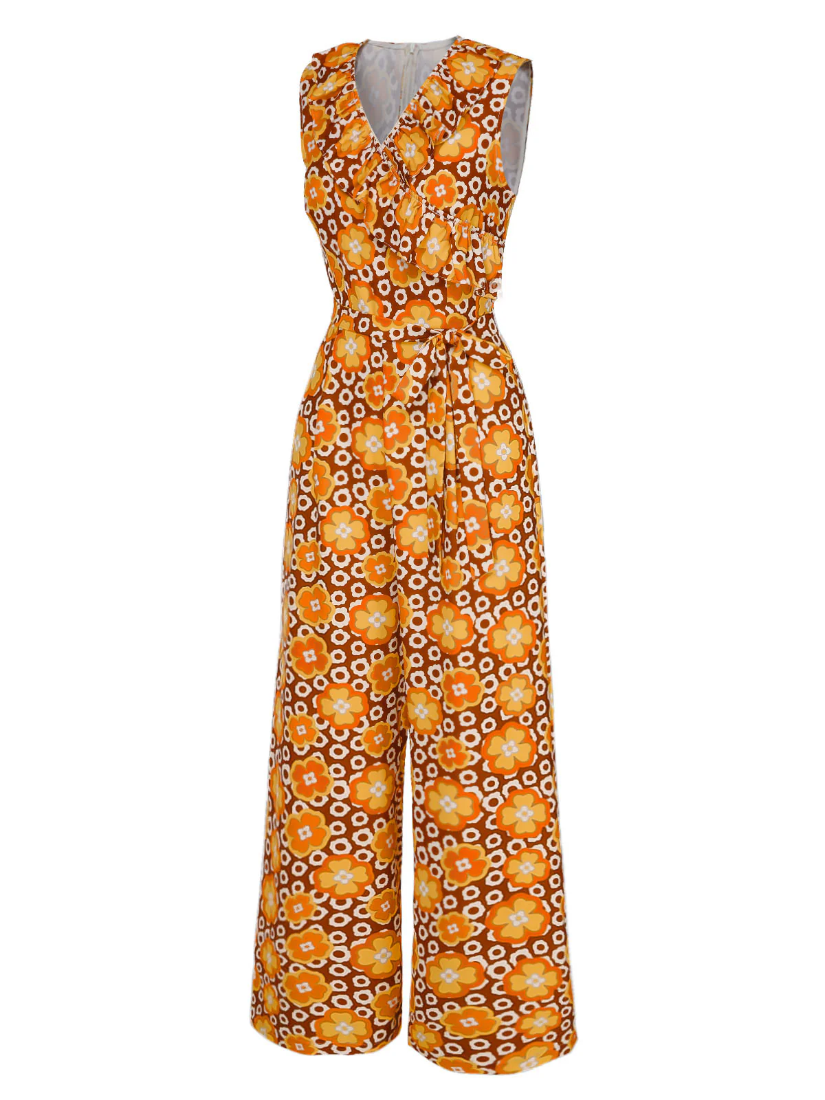 1970s V-Neck Floral Belted Sleeveless Jumpsuit - Image 3