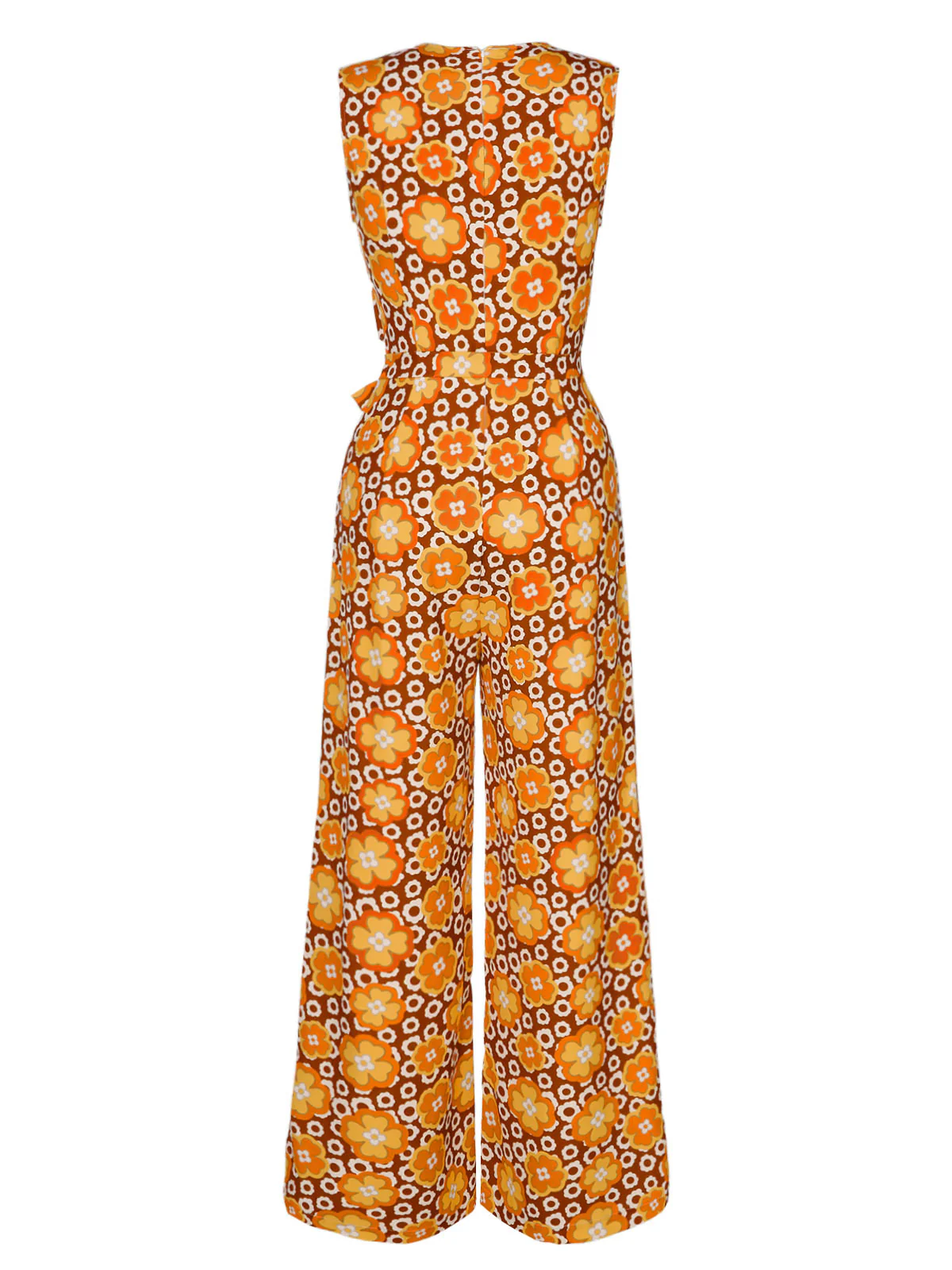 1970s V-Neck Floral Belted Sleeveless Jumpsuit - Image 4