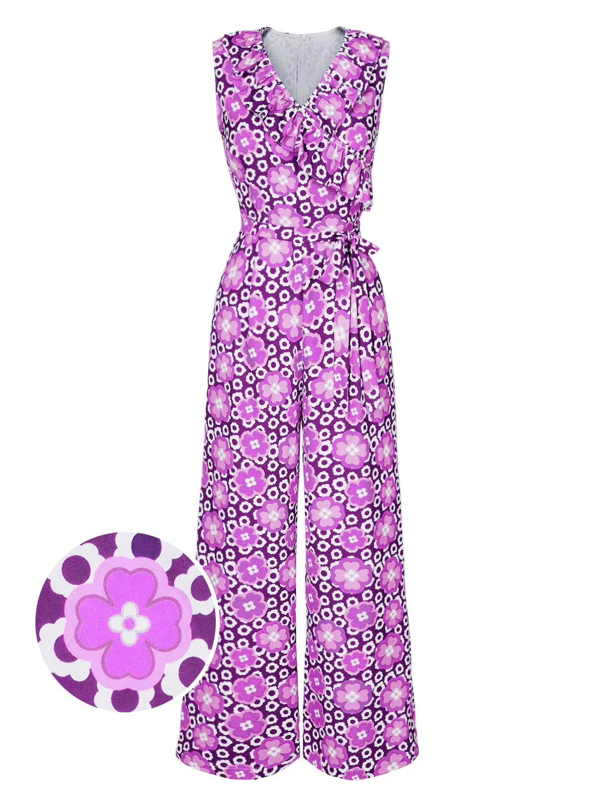 1970s V-Neck Floral Belted Sleeveless Jumpsuit - Image 9