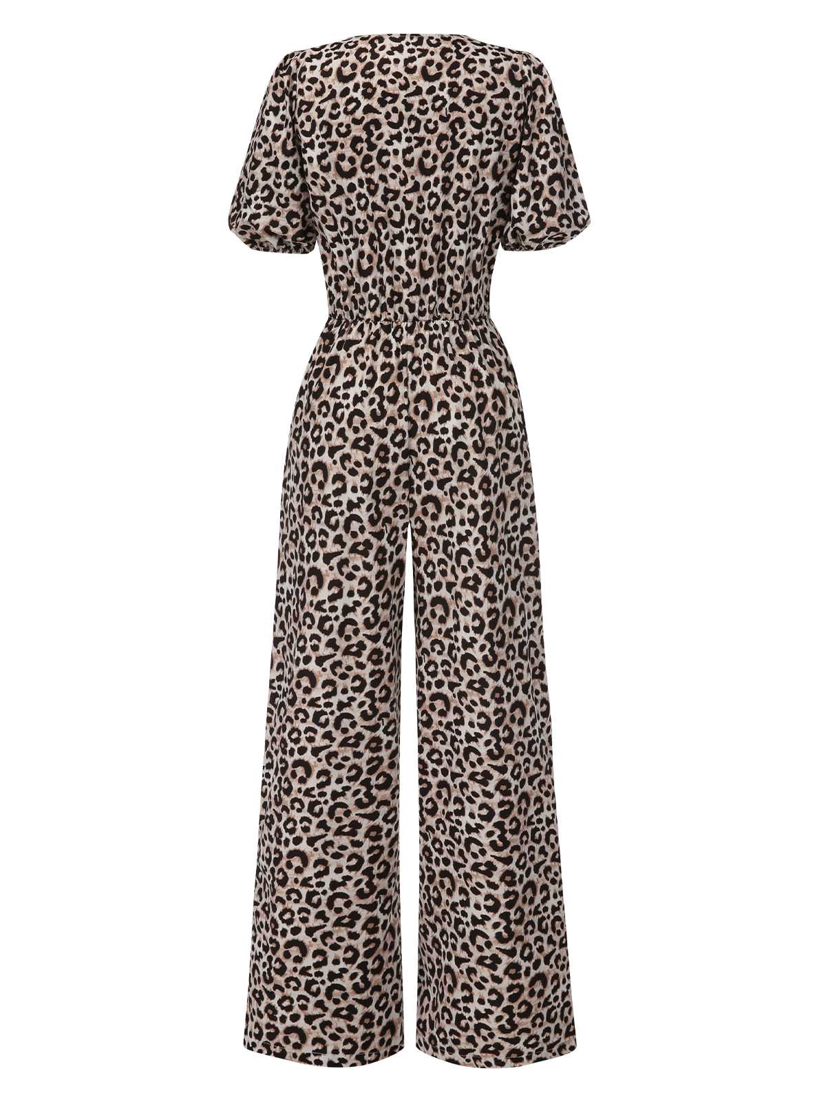 1970s V-Neck Puff Sleeve Leopard Jumpsuit - Image 2