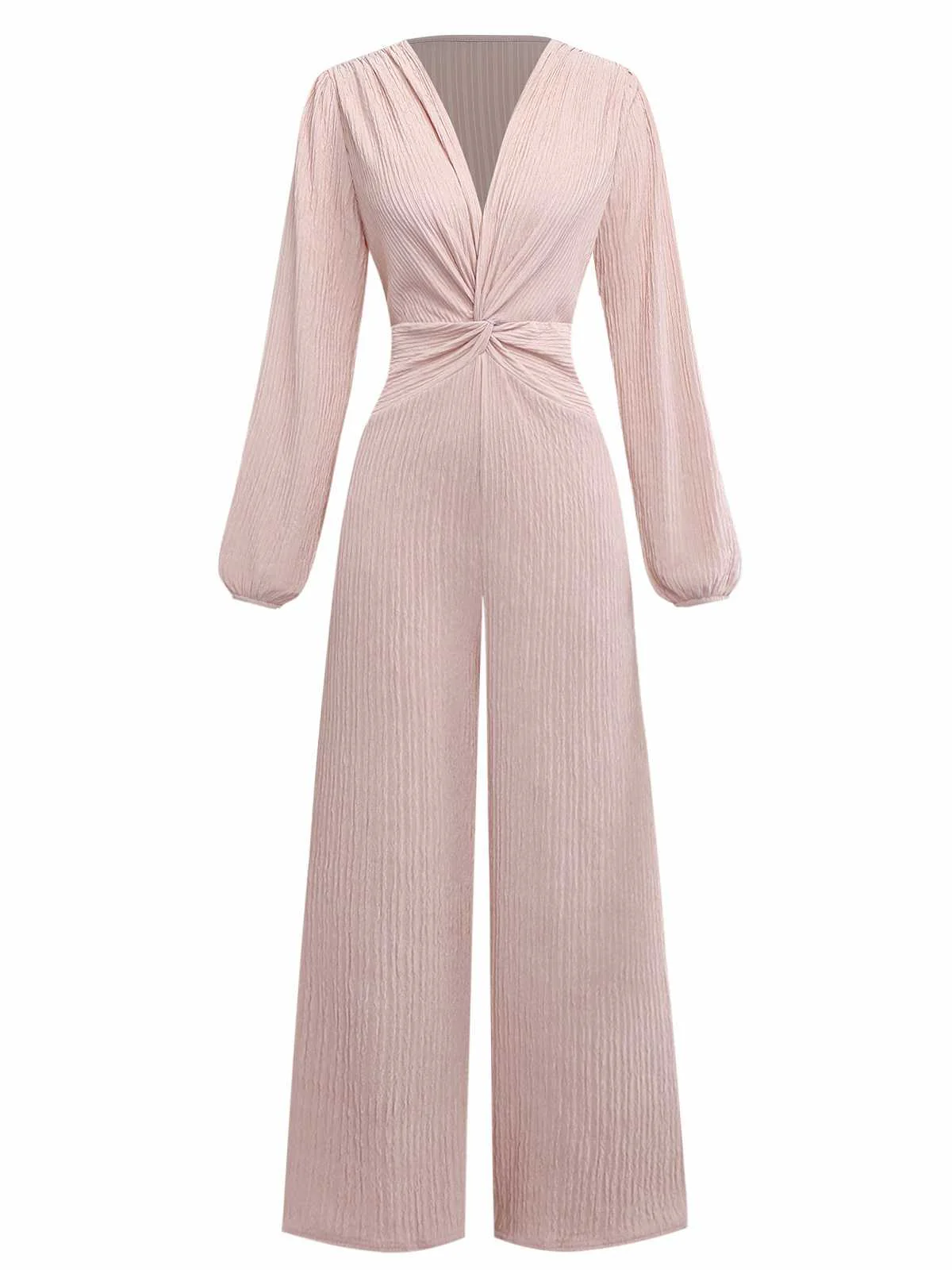 1970s V-Neck Solid Twist Long Sleeve Jumpsuit - Image 2