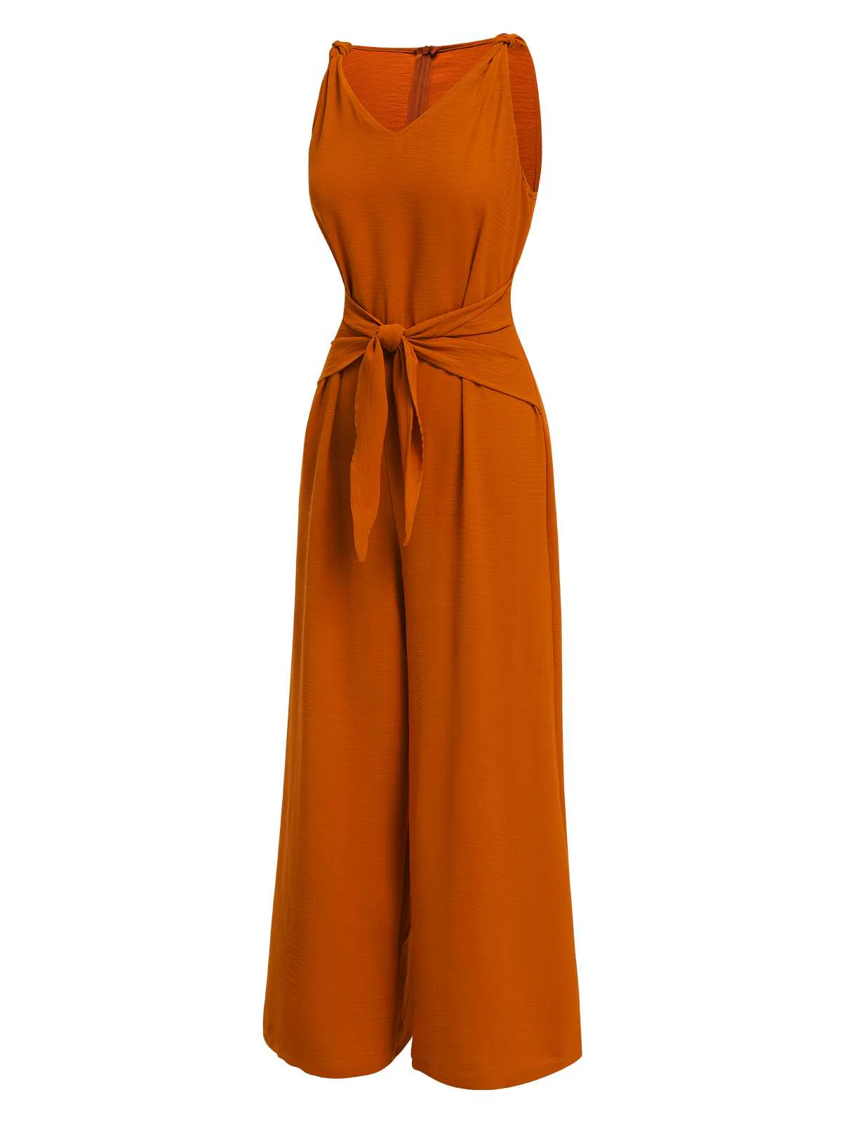 1970s V-Neck Tie-Front Solid Jumpsuit - Image 3