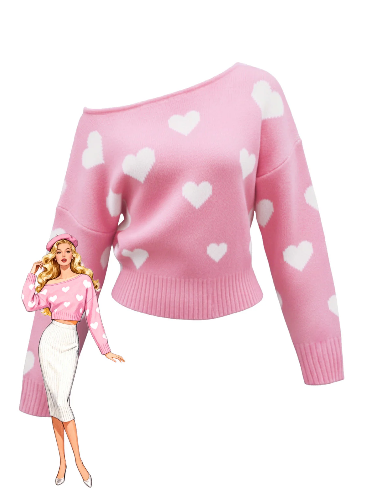1970s Valentine Heart Asymmetrical Shoulder Pullover Sweater - Image 4