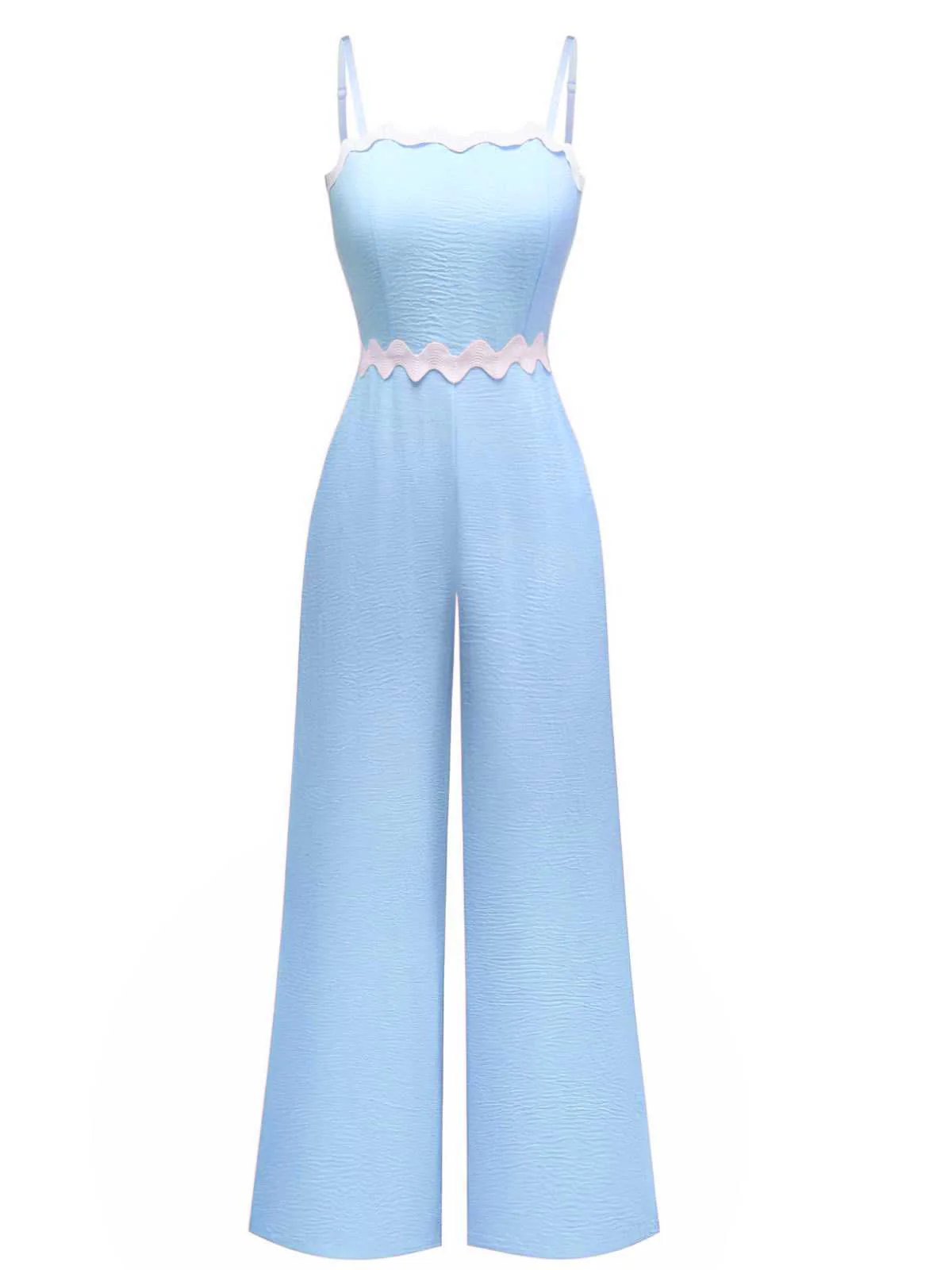 1970s Wave-Trim Spaghetti Strap Wide Leg Jumpsuit - Image 6