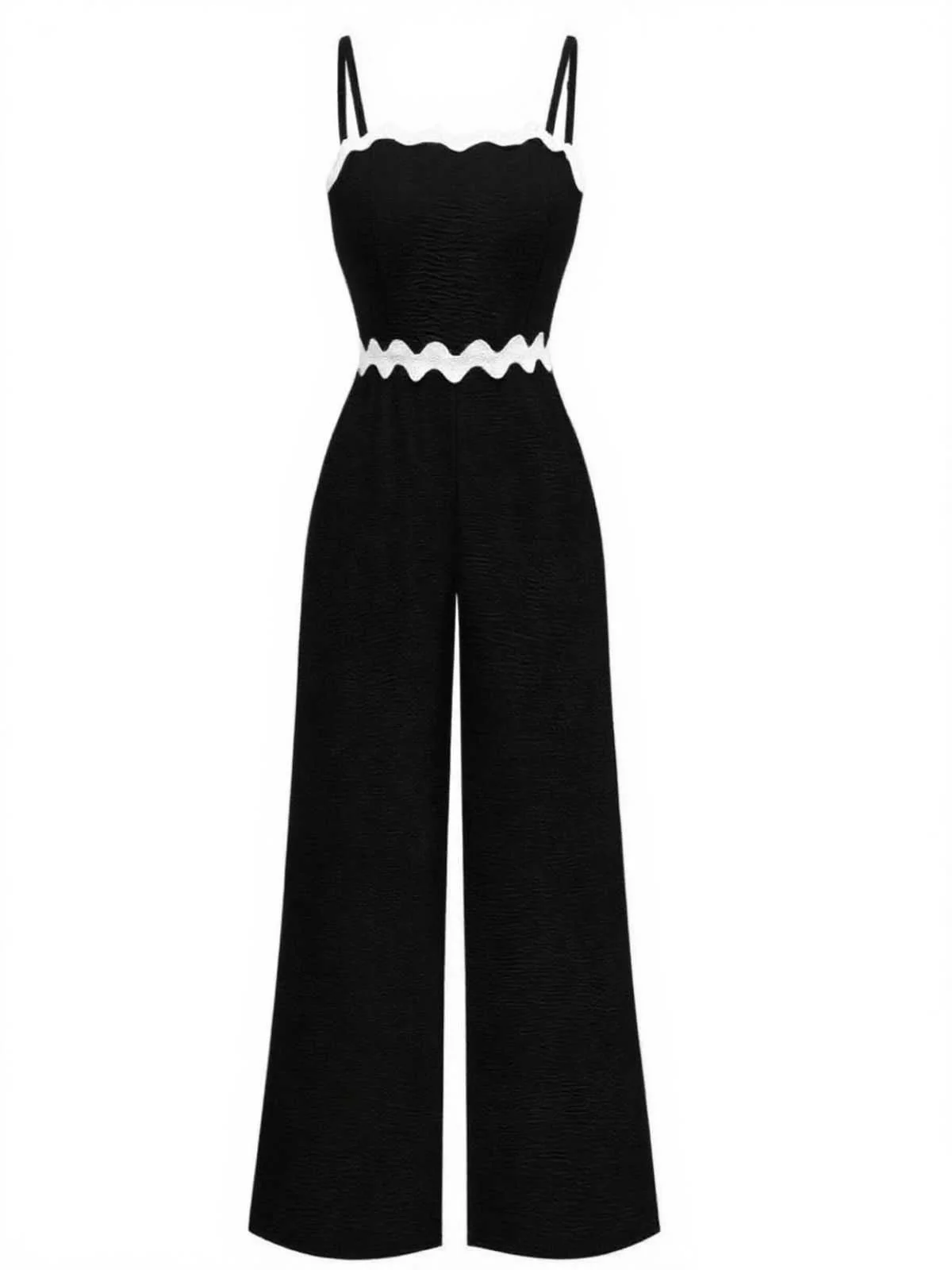 1970s Wave-Trim Spaghetti Strap Wide Leg Jumpsuit - Image 8