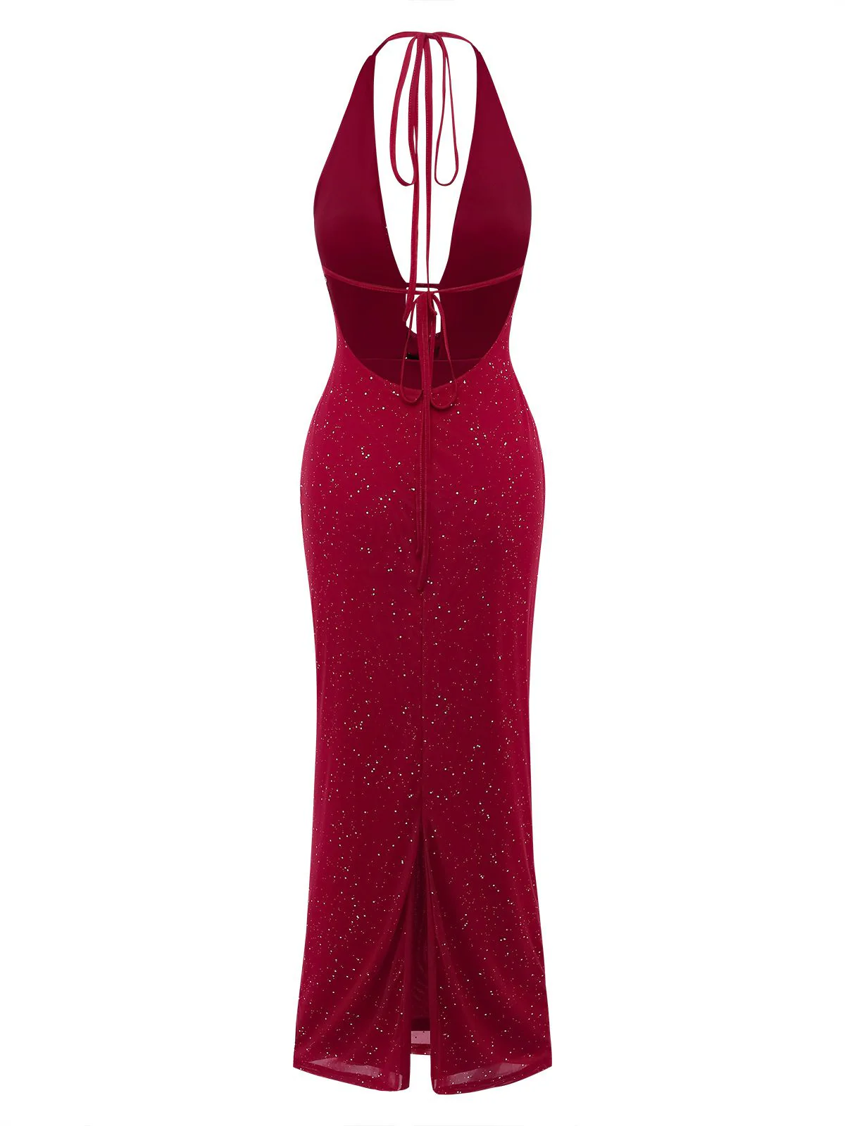 1980s Backless Cowl Glitter Halter Slit Maxi Dress - Image 3