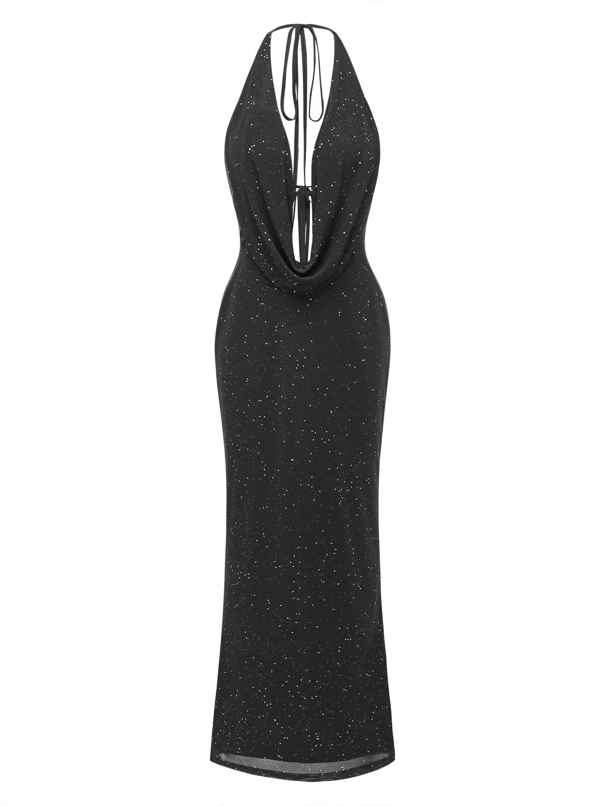 1980s Backless Cowl Glitter Halter Slit Maxi Dress - Image 7