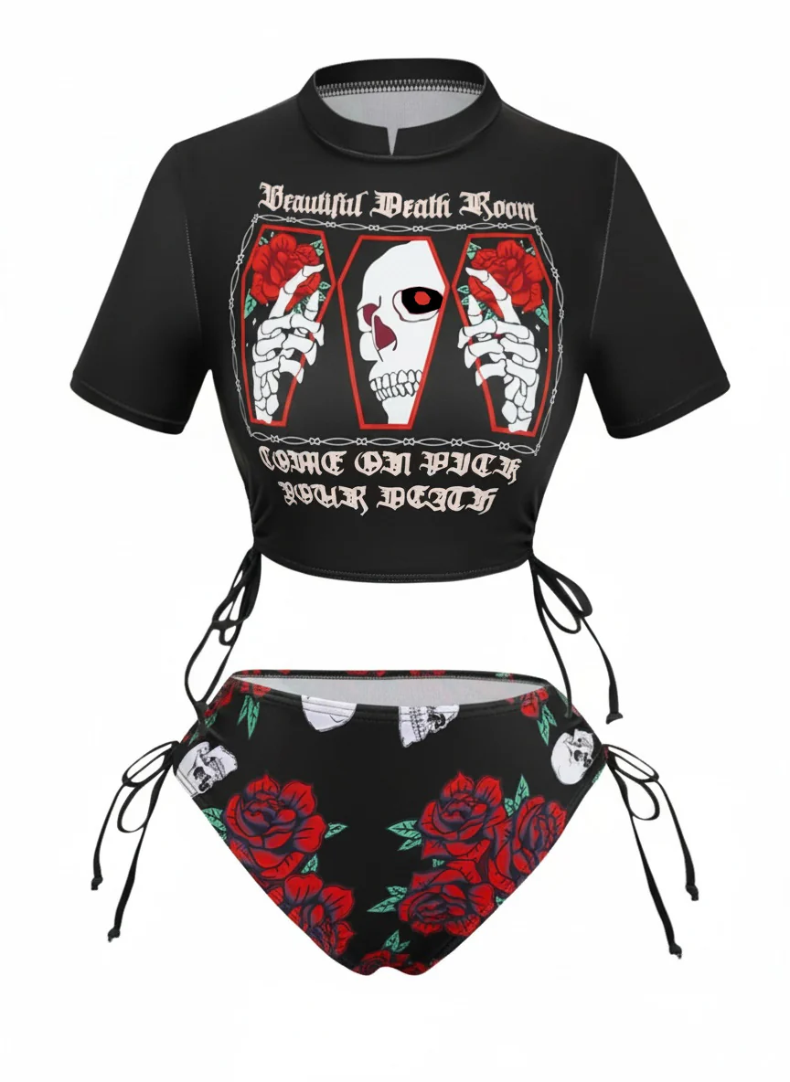 1980s Black Skull Rose Graphic Bikini Set - Image 2