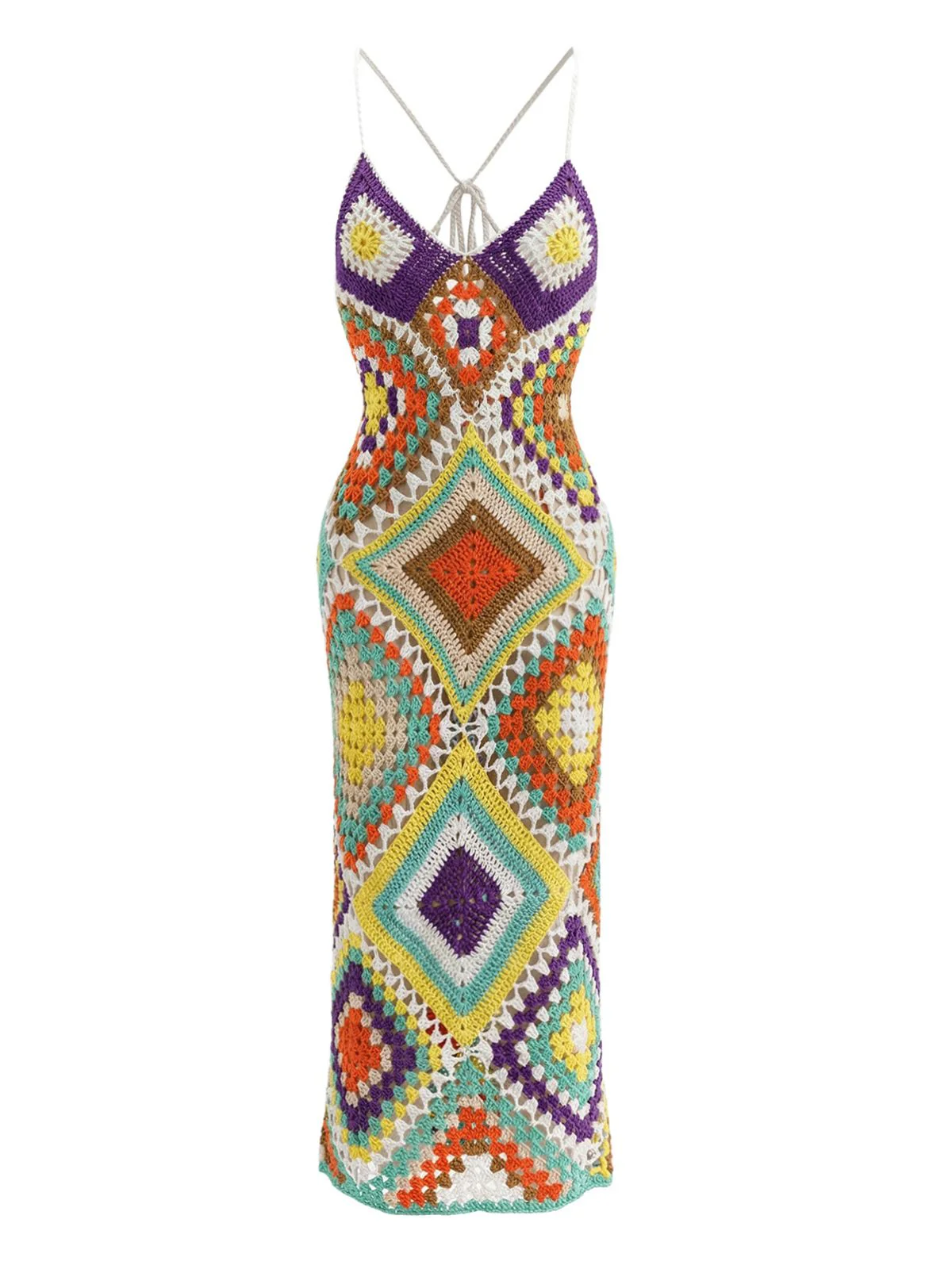 1980s Boho Irregular Print Hand Crochet Cover-Up Dress - Image 2
