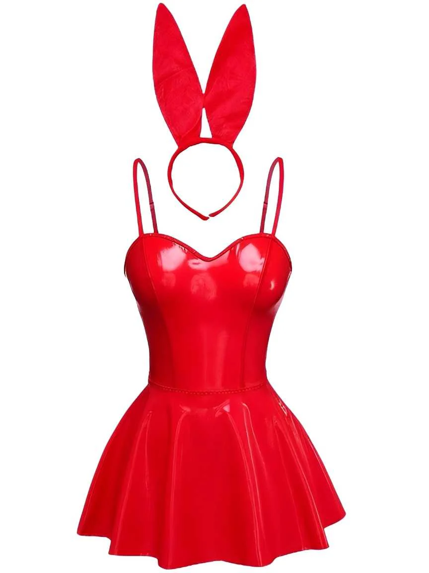 1980s Bunny Costume Latex Dress With Ears Headband - Image 8