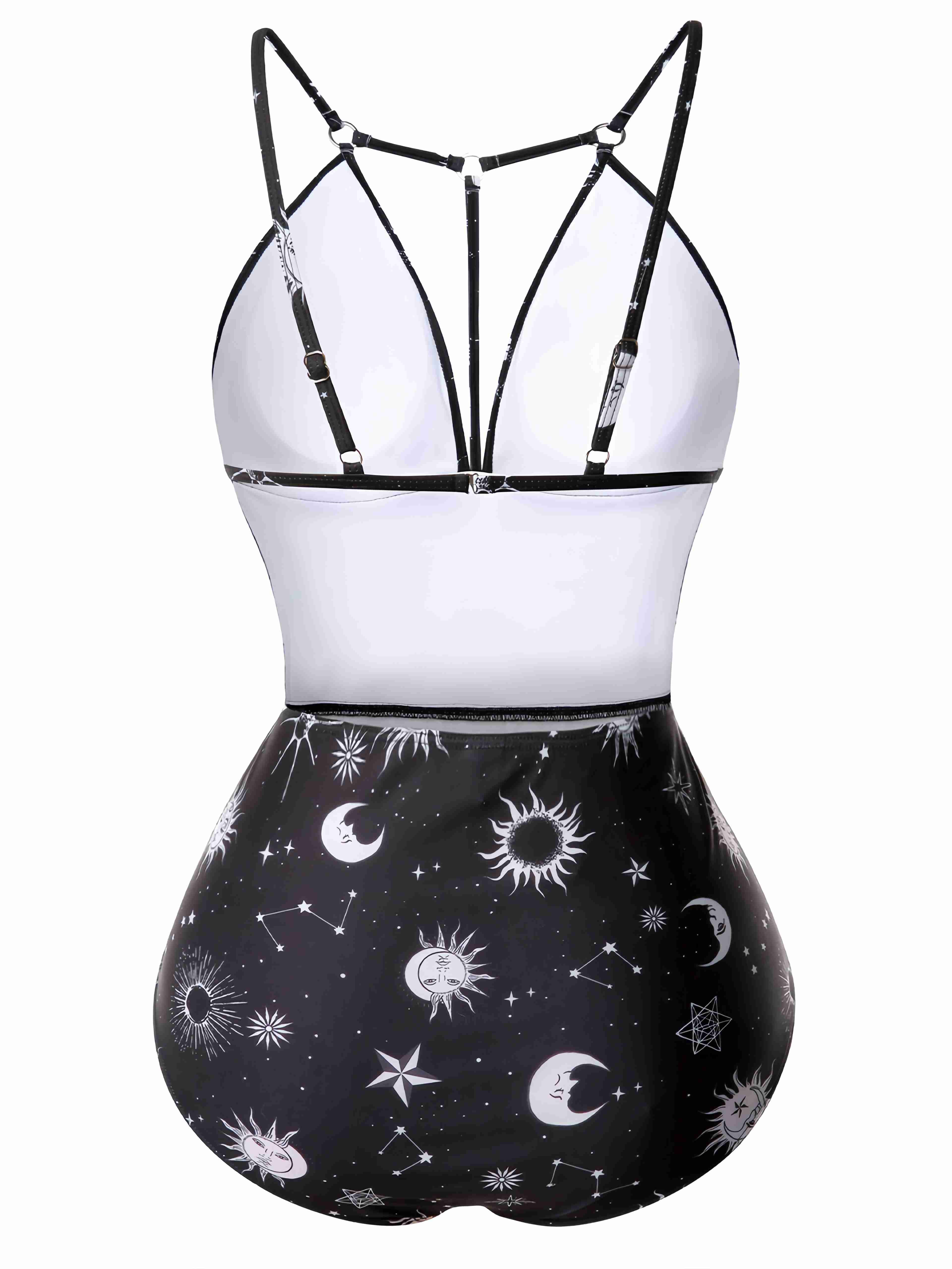 1980s Deep V-Neck Gothic Star Moon One-Piece Swimsuit - Image 2