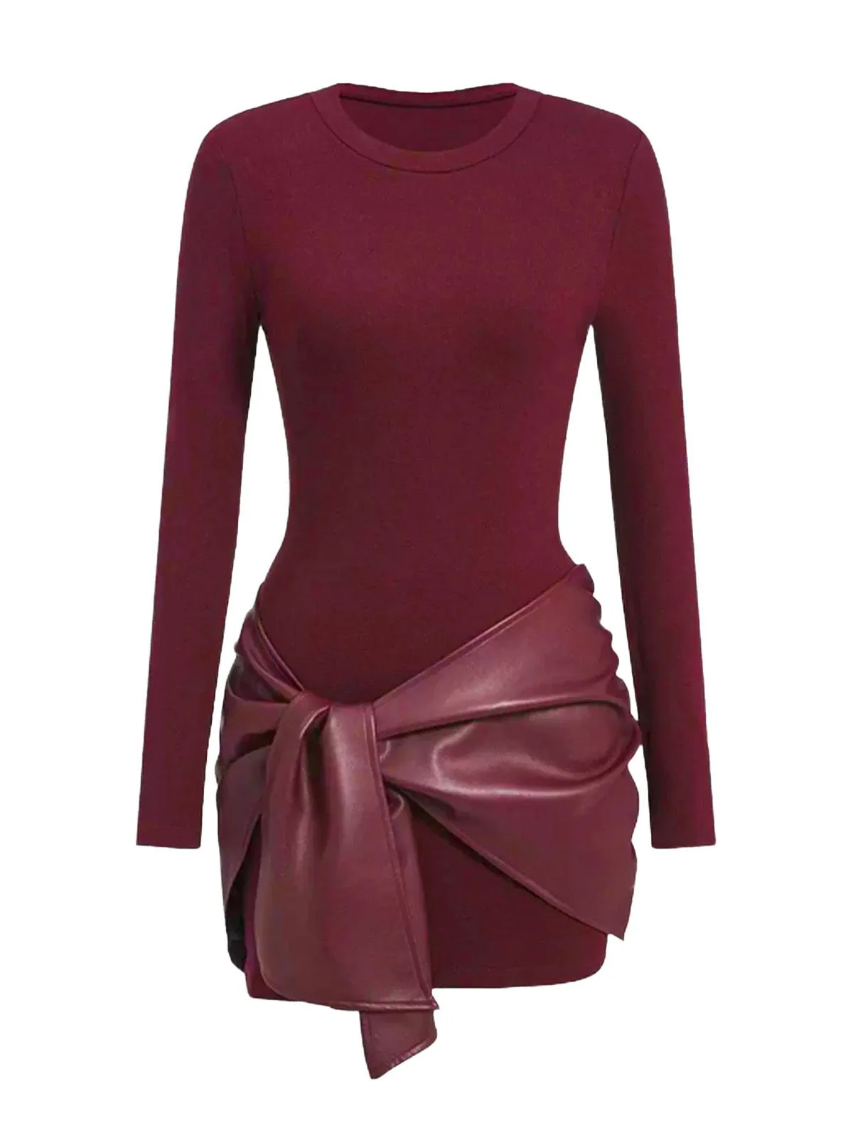 1980s Faux Leather Bow Long Sleeve Dress - Image 5
