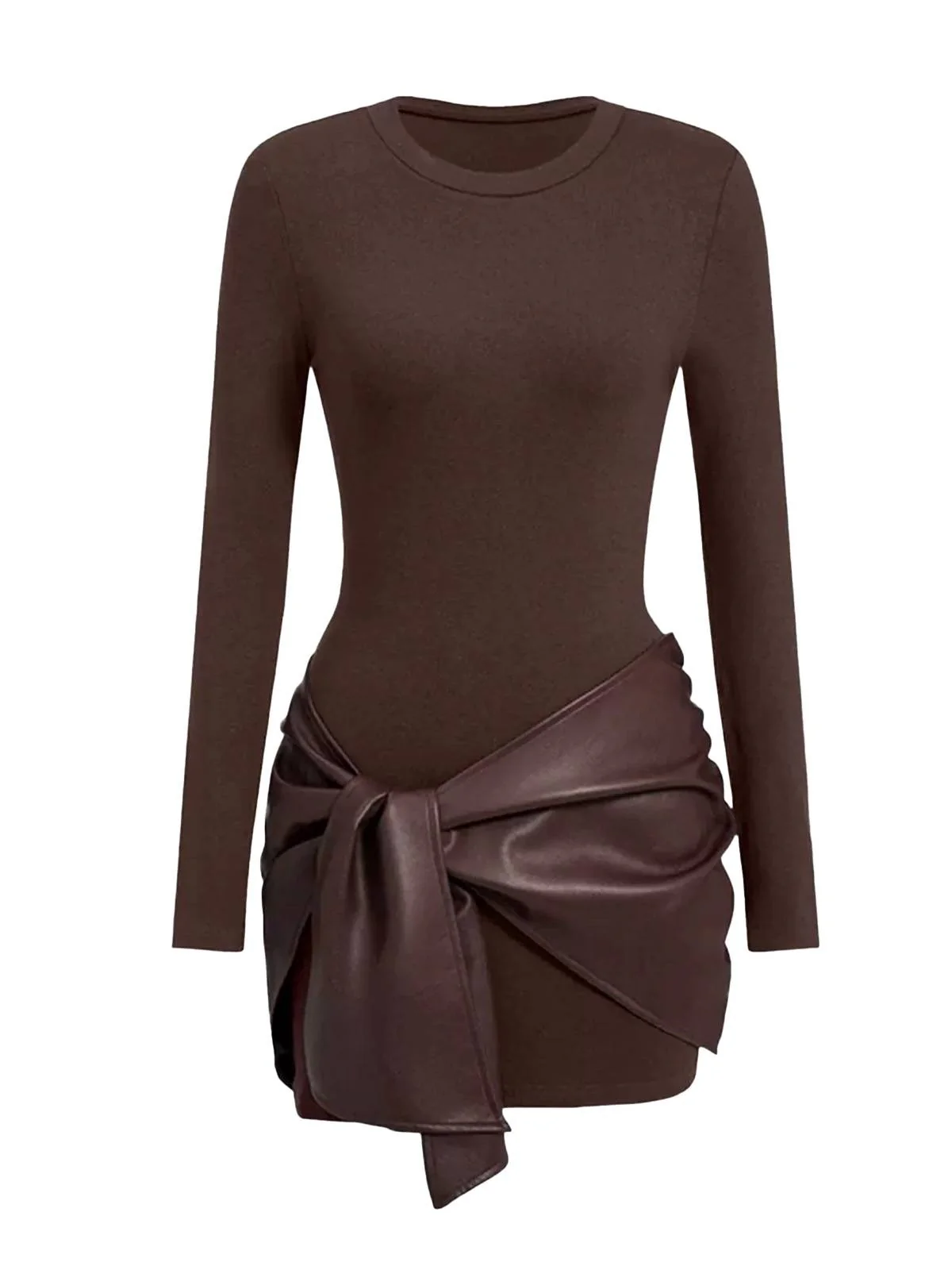 1980s Faux Leather Bow Long Sleeve Dress - Image 8