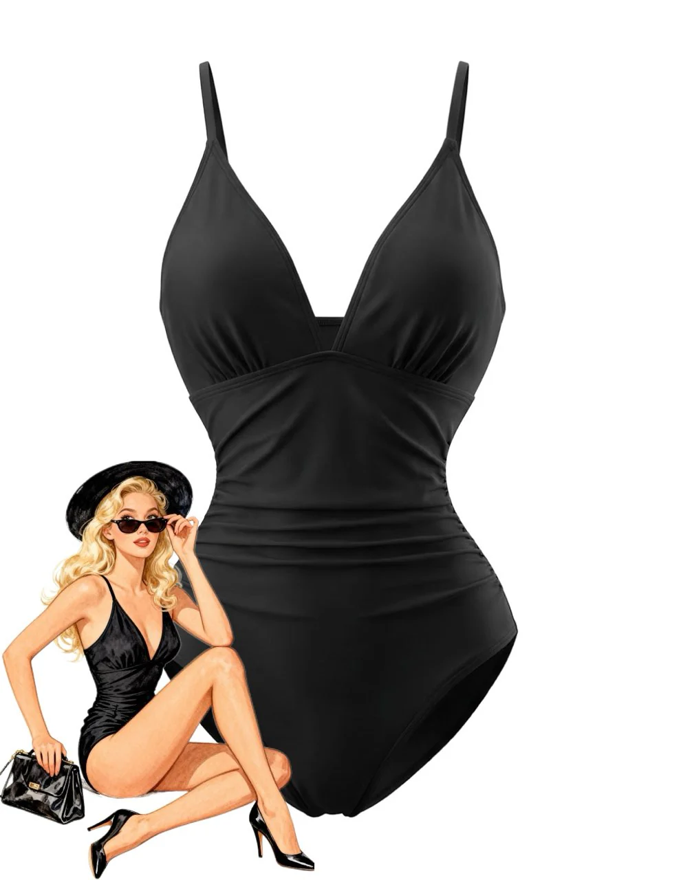 1980s Floral V-Neck Ruched One-Piece Swimsuit - Image 7