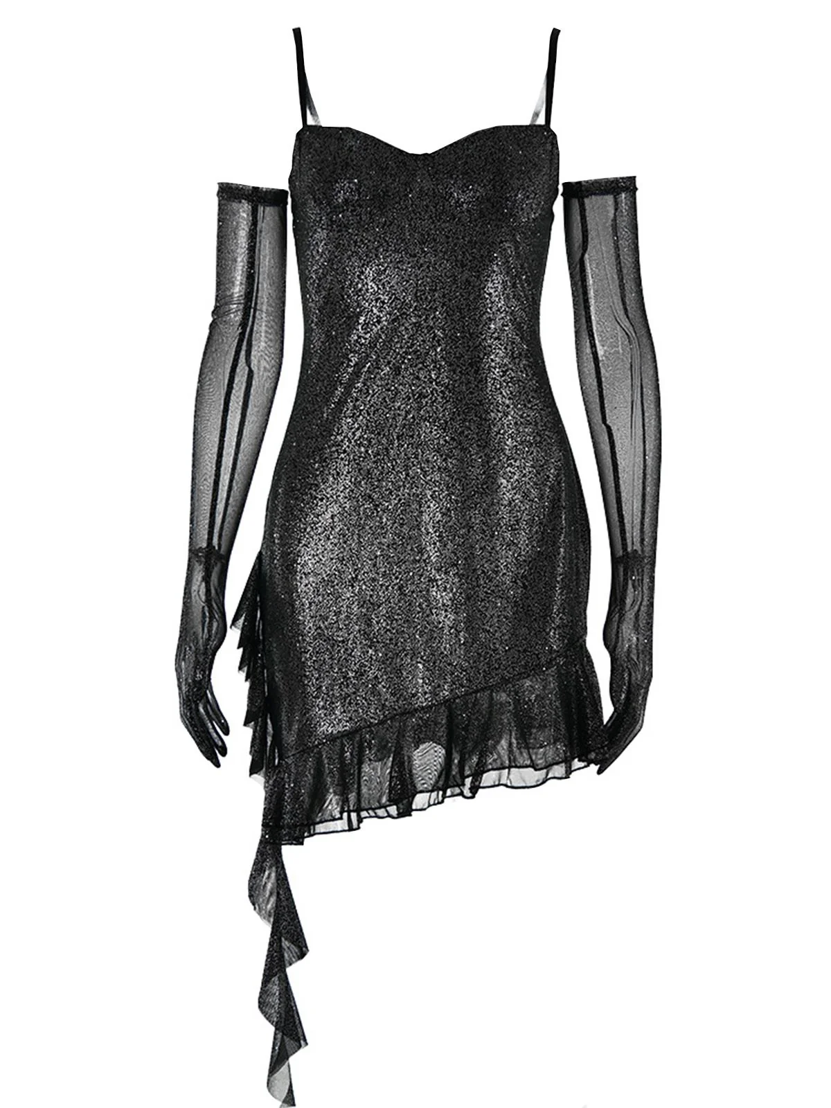 1980s Glitter Ruffled Spaghetti Strap Bodycon Dress - Image 3