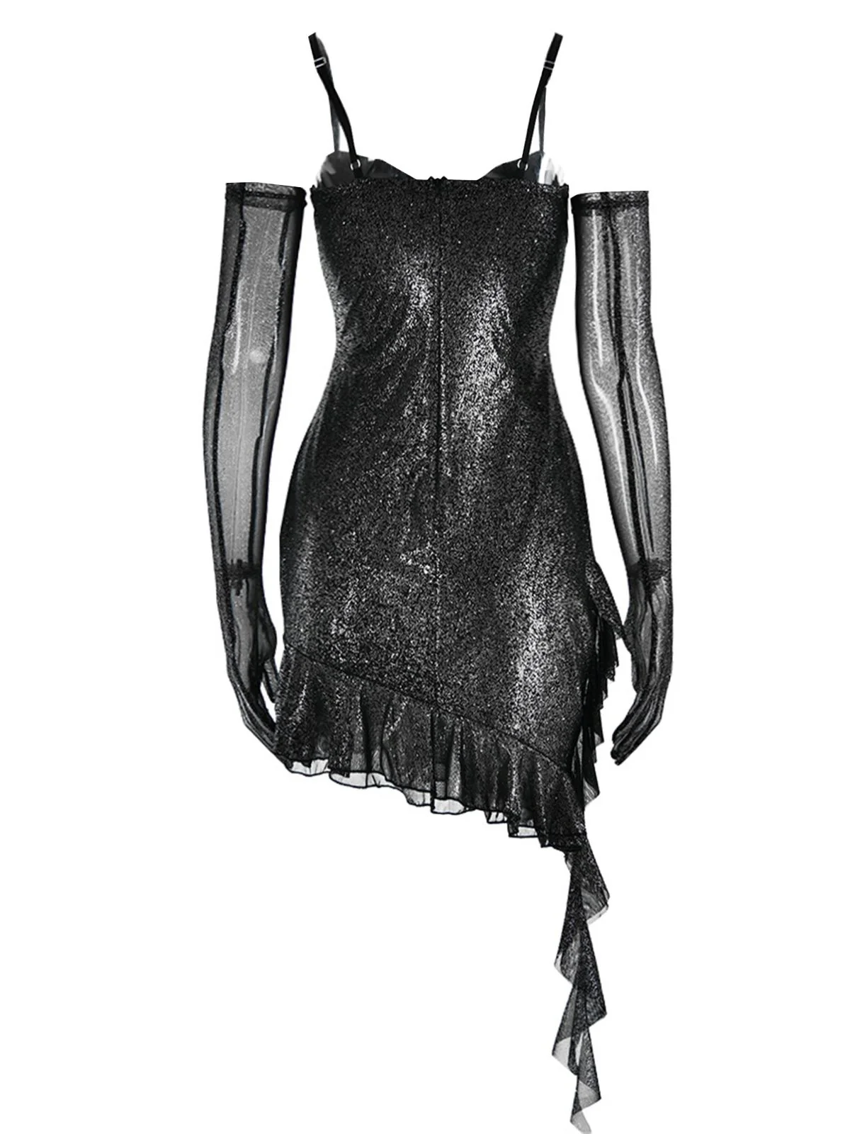 1980s Glitter Ruffled Spaghetti Strap Bodycon Dress - Image 4