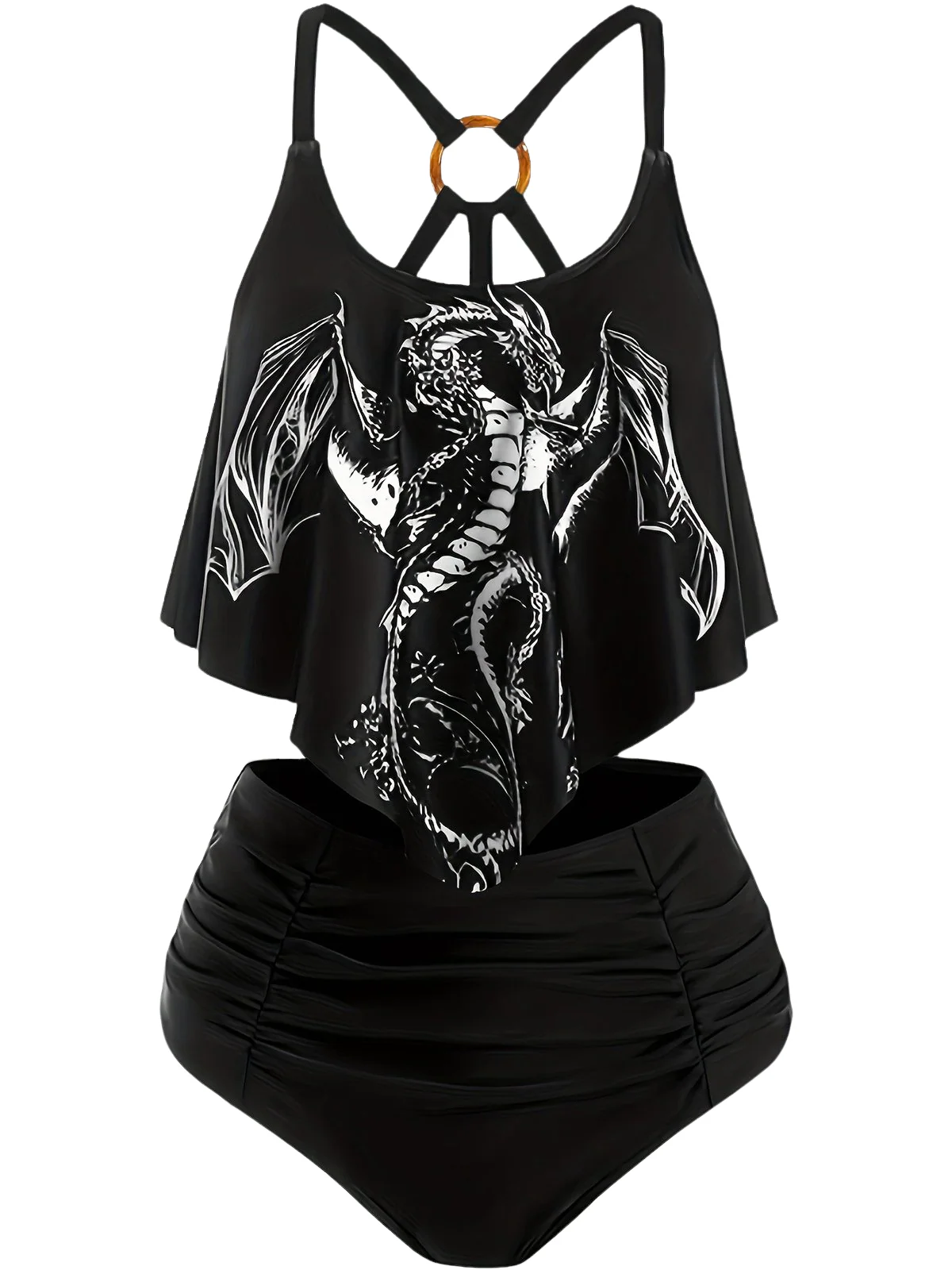 1980s Gothic Dragon Back-Cross Ruffle Swimsuit - Image 3