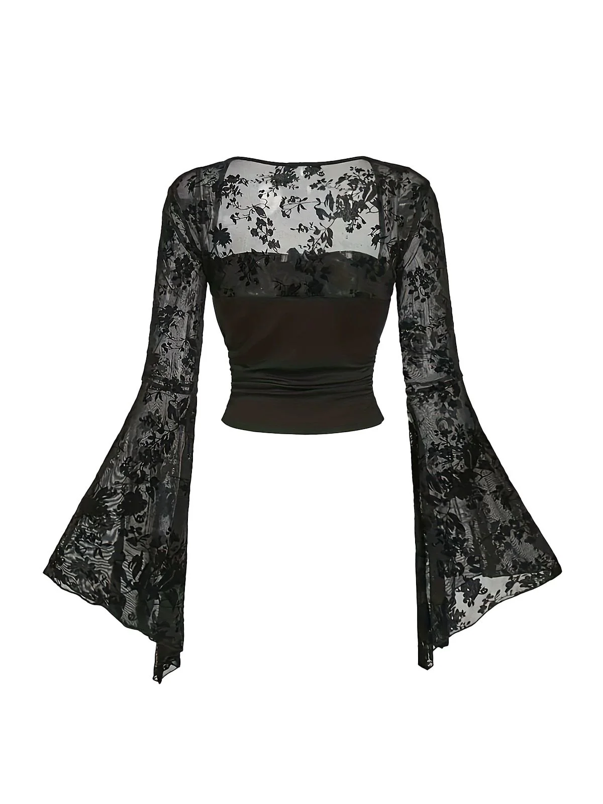 1980s Gothic Lace Mesh Bell Sleeve Top - Image 2