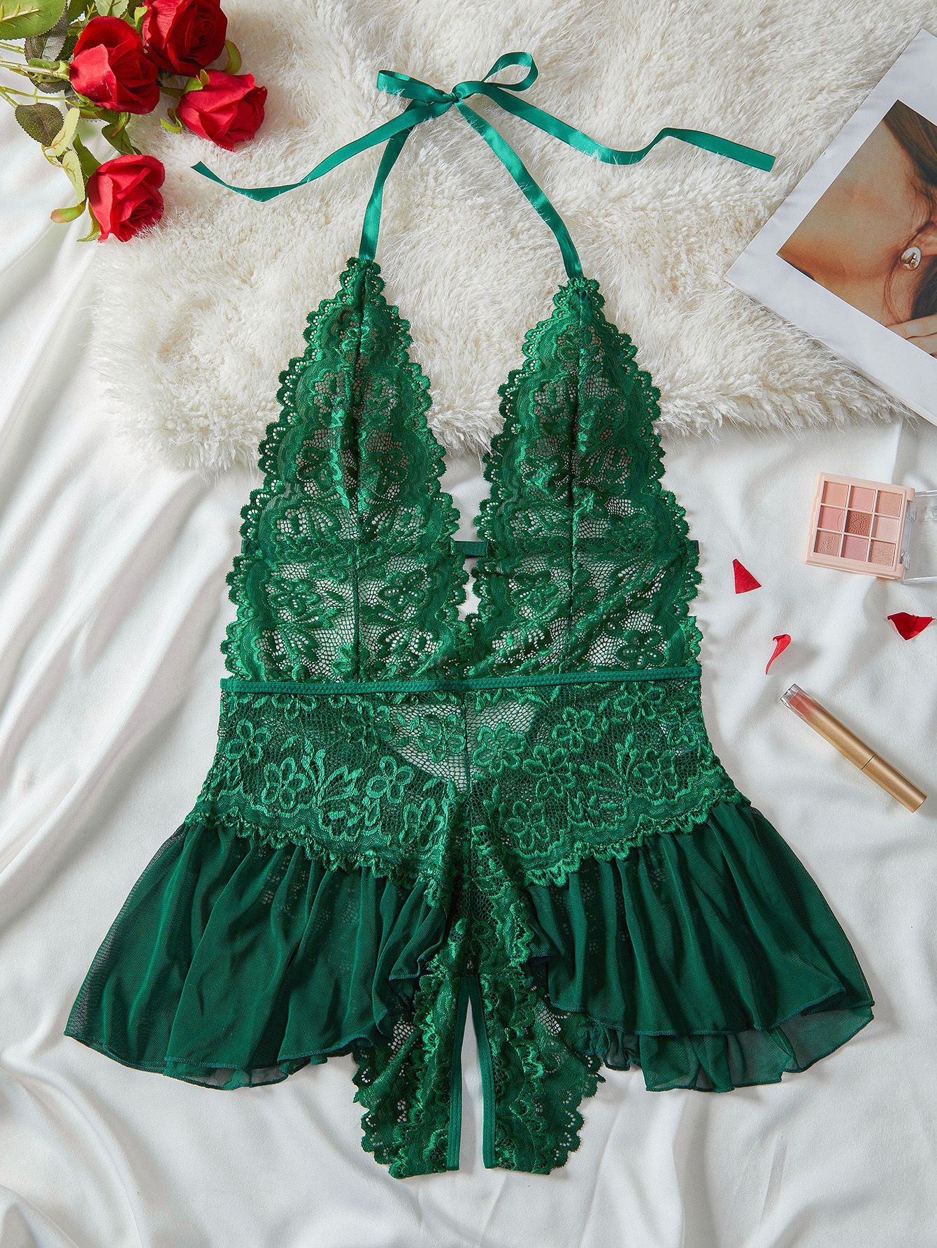 1980s Halter Lace Lingerie with Leopard Print Skirt - Image 8