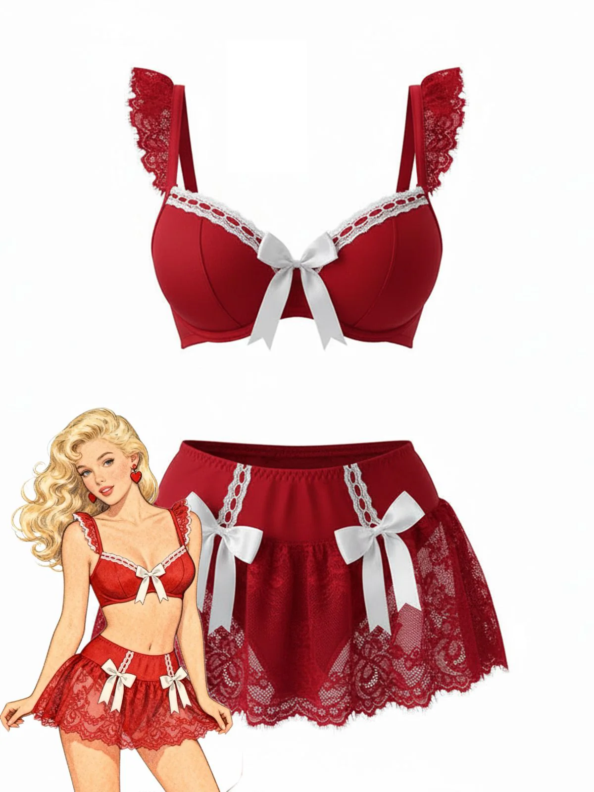 1980s Lace Bow Maid Costume Loungewear Set - Image 2