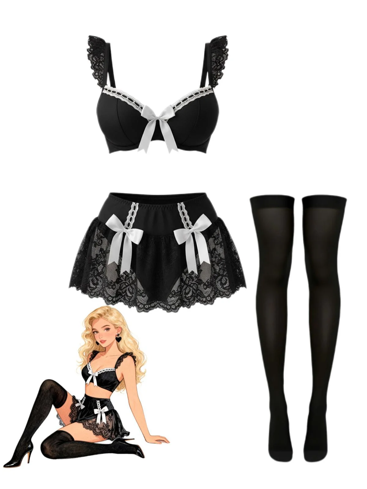 1980s Lace Bow Maid Costume Loungewear Set - Image 6