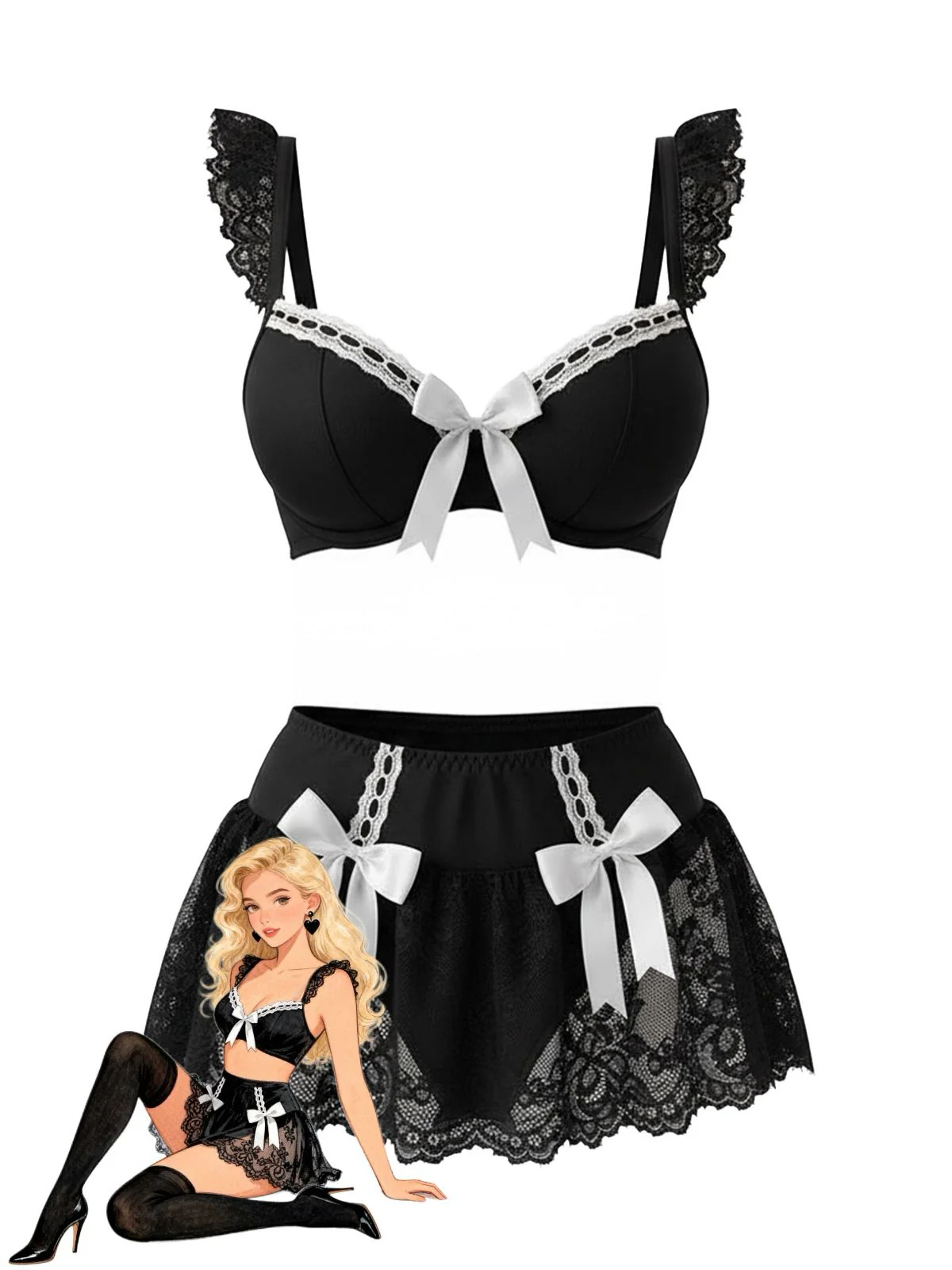 1980s Lace Bow Maid Costume Loungewear Set - Image 8