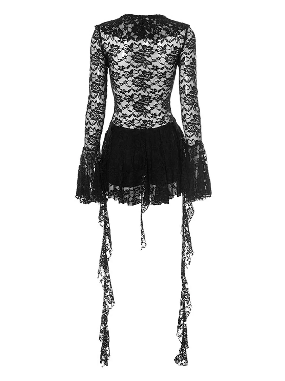 1980s Lace Ribbon Tie Ruffle Bell-Sleeve Romper Dress - Image 2