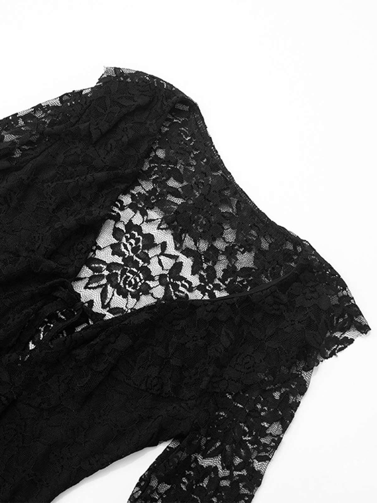 1980s Lace Ribbon Tie Ruffle Bell-Sleeve Romper Dress - Image 3
