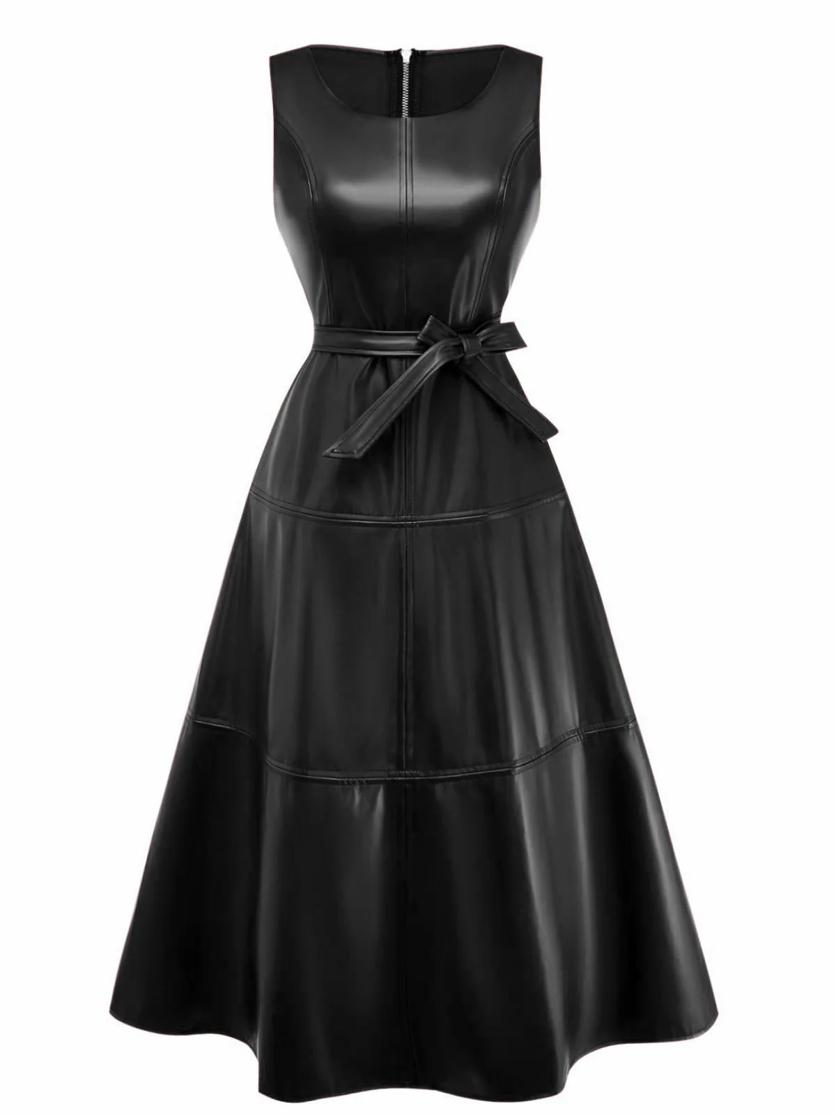 1980s Leather Solid A-Line Sleeveless Dress - Image 7