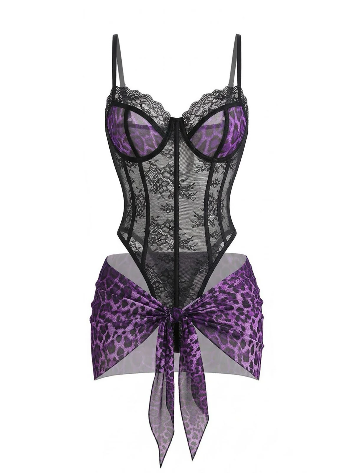 1980s Leopard Lace Bodysuit with Apron Lingerie Set - Image 2