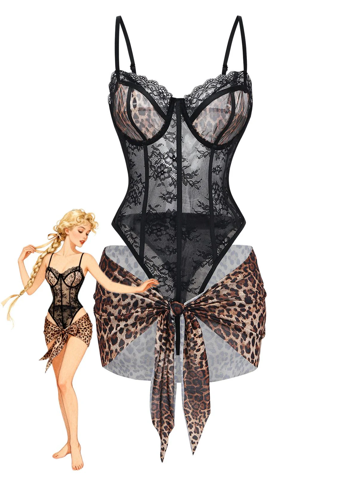 1980s Leopard Lace Bodysuit with Apron Lingerie Set - Image 7