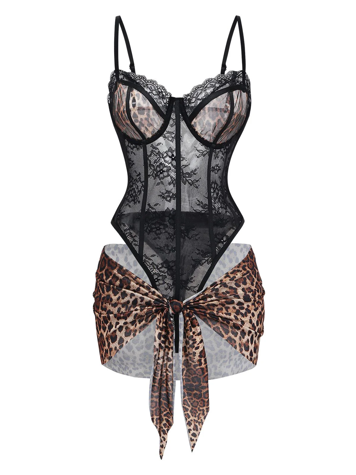 1980s Leopard Lace Bodysuit with Apron Lingerie Set - Image 8