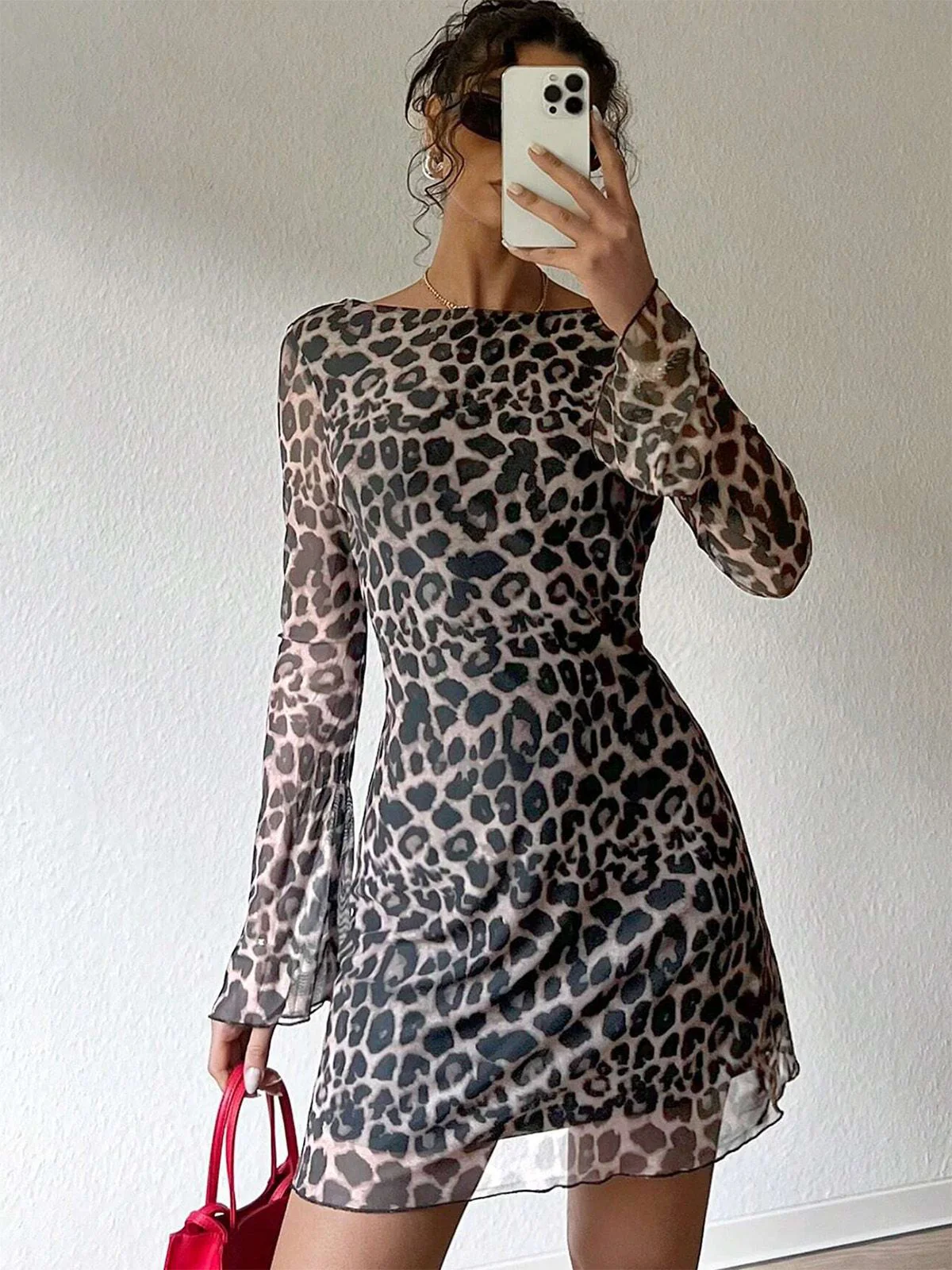 1980s Leopard Sheer Long-Sleeve Backless Dress - Image 2