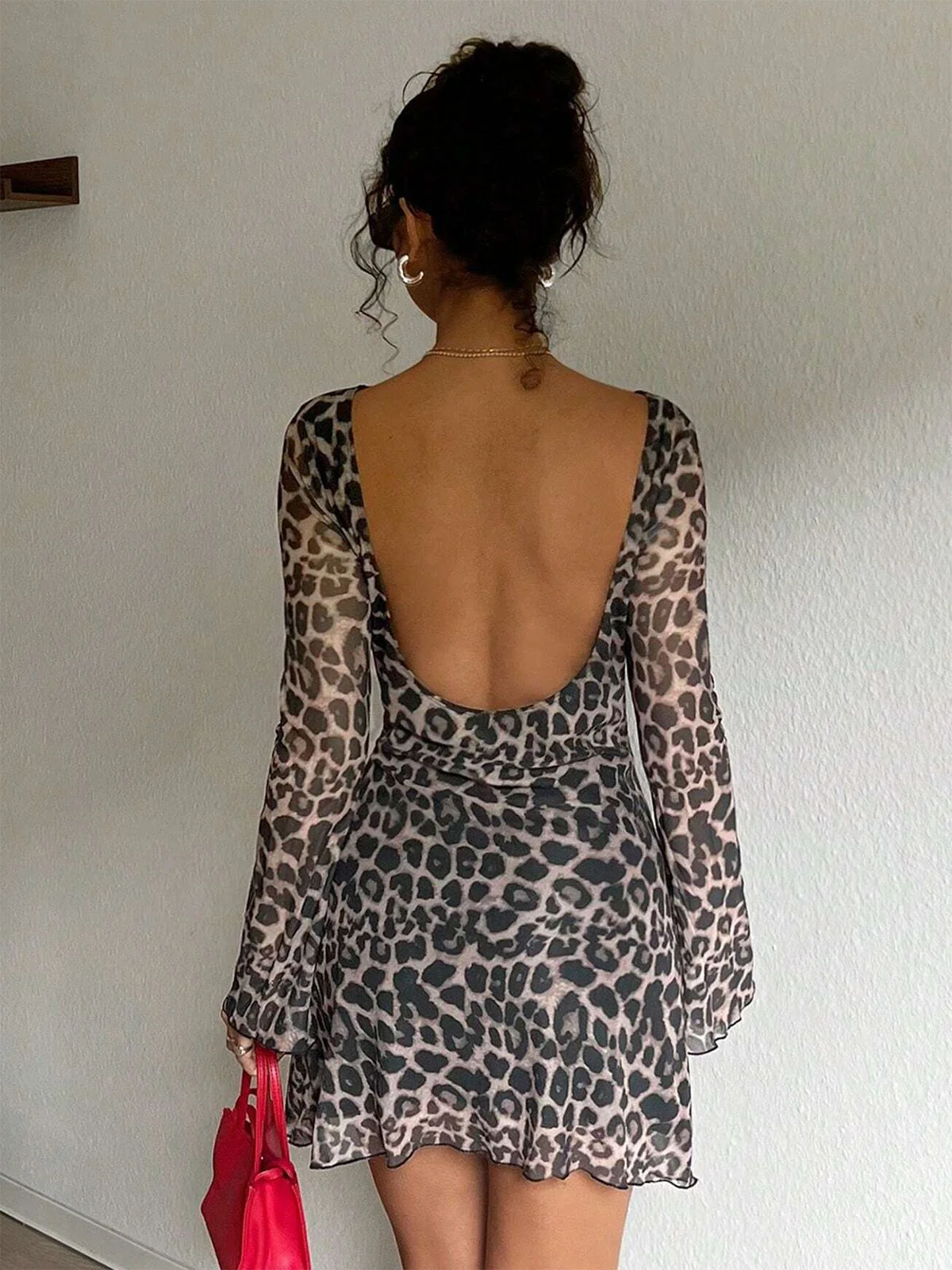 1980s Leopard Sheer Long-Sleeve Backless Dress - Image 3