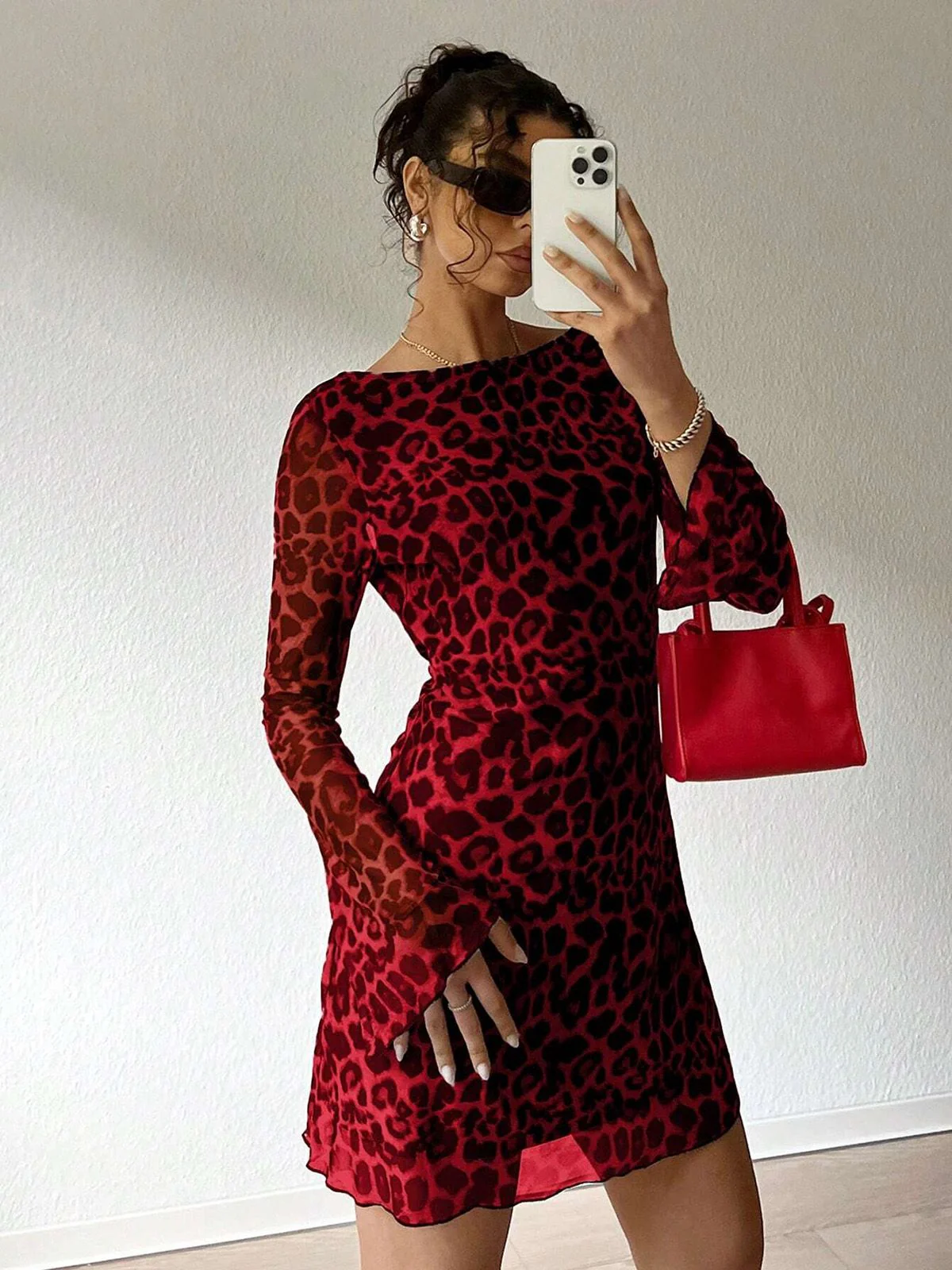 1980s Leopard Sheer Long-Sleeve Backless Dress - Image 4