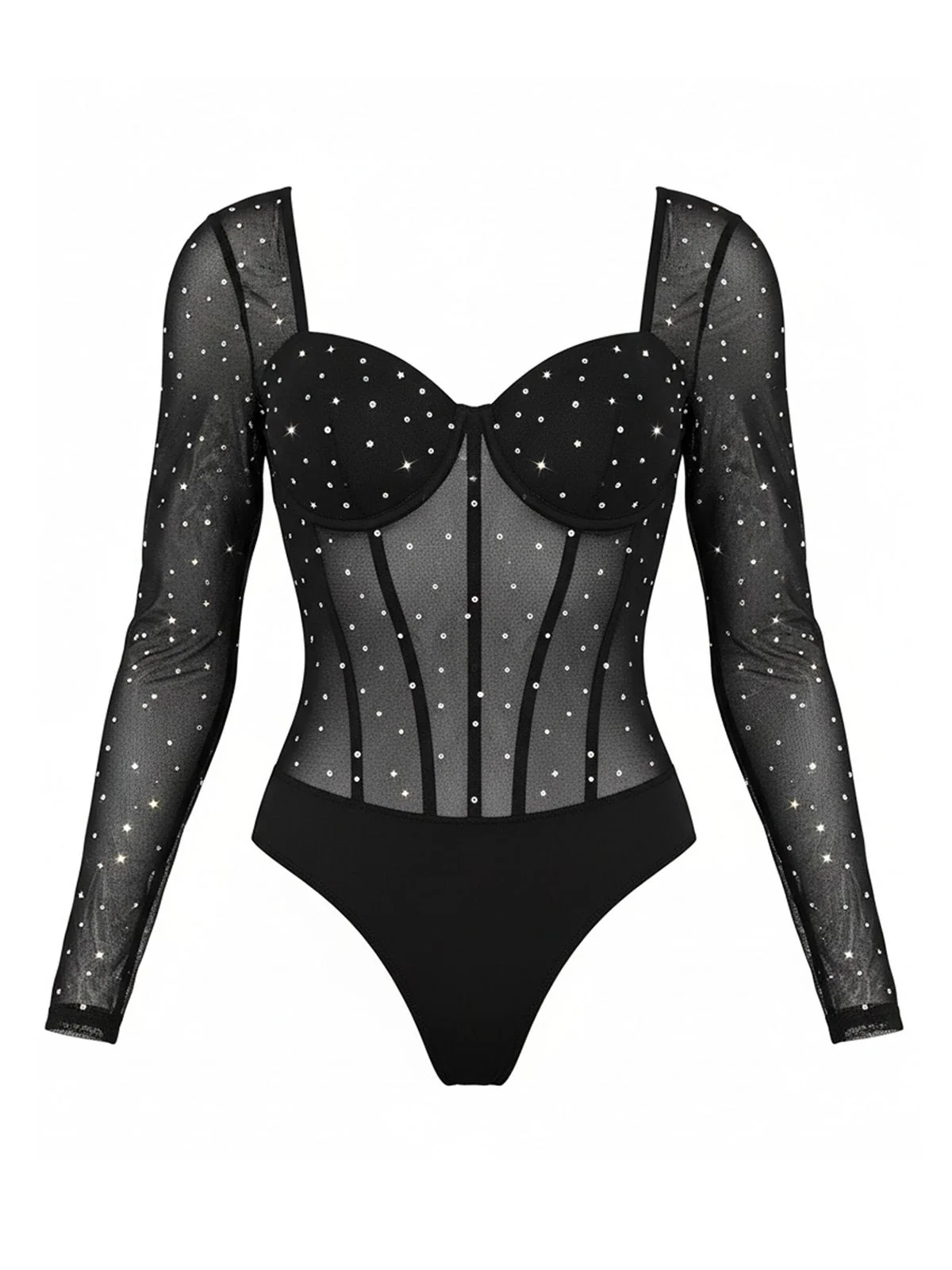 1980s Mesh Sheer Glitter Boned Long Sleeve Bodysuit - Image 10