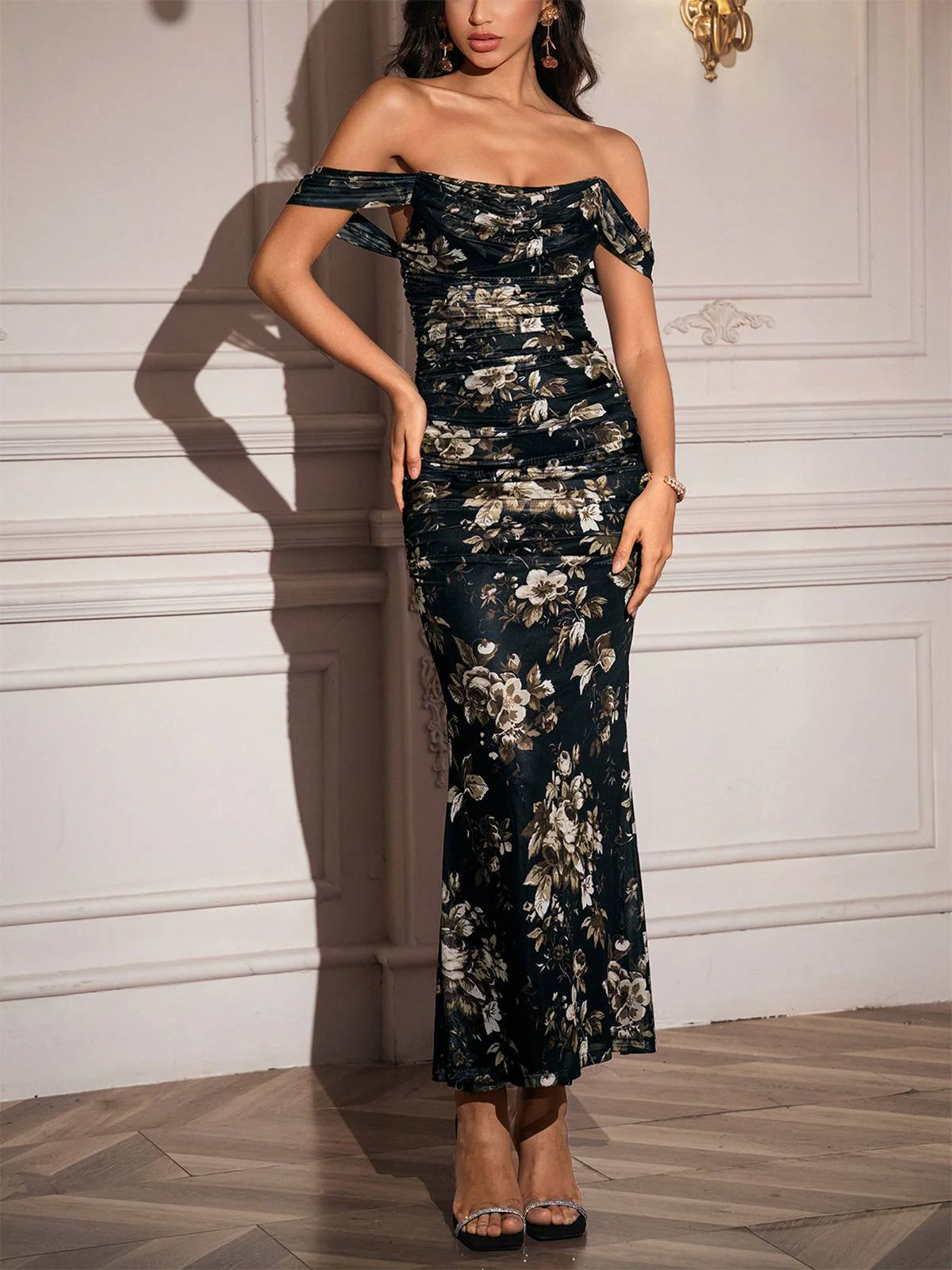 1980s Off-Shoulder Floral Mesh Bodycon Ruched Dress - Image 13