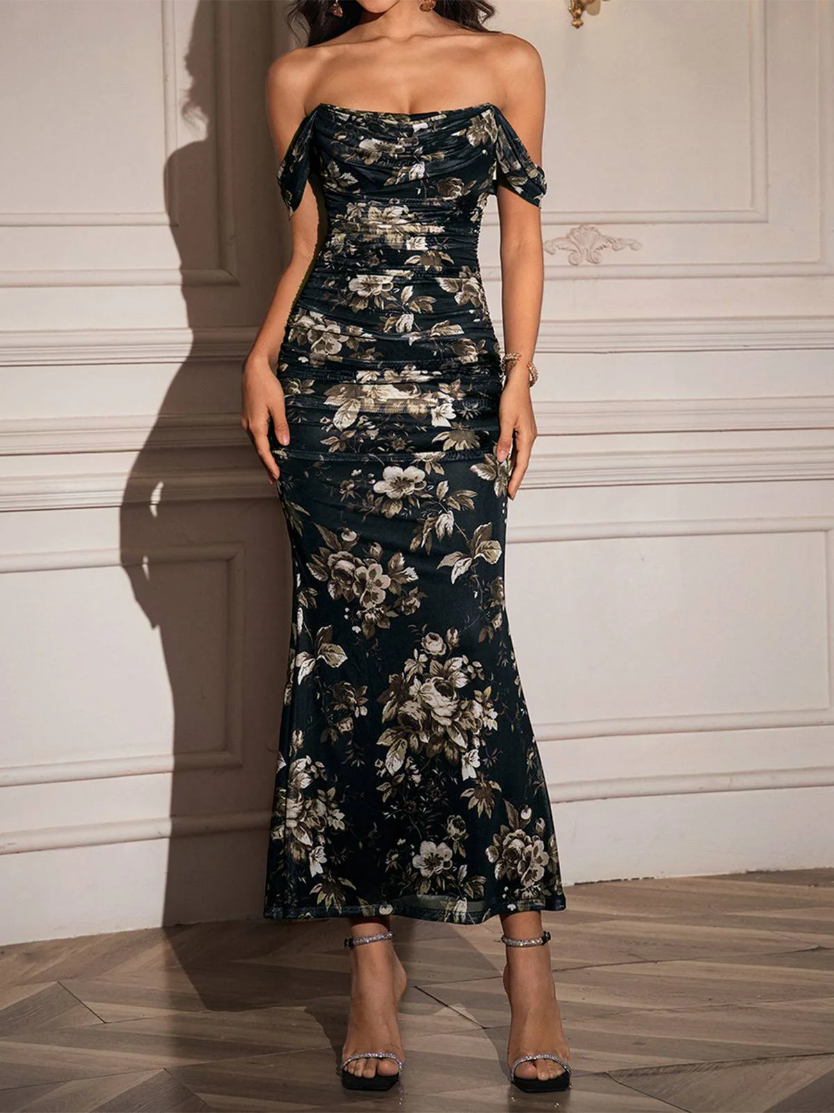 1980s Off-Shoulder Floral Mesh Bodycon Ruched Dress - Image 14
