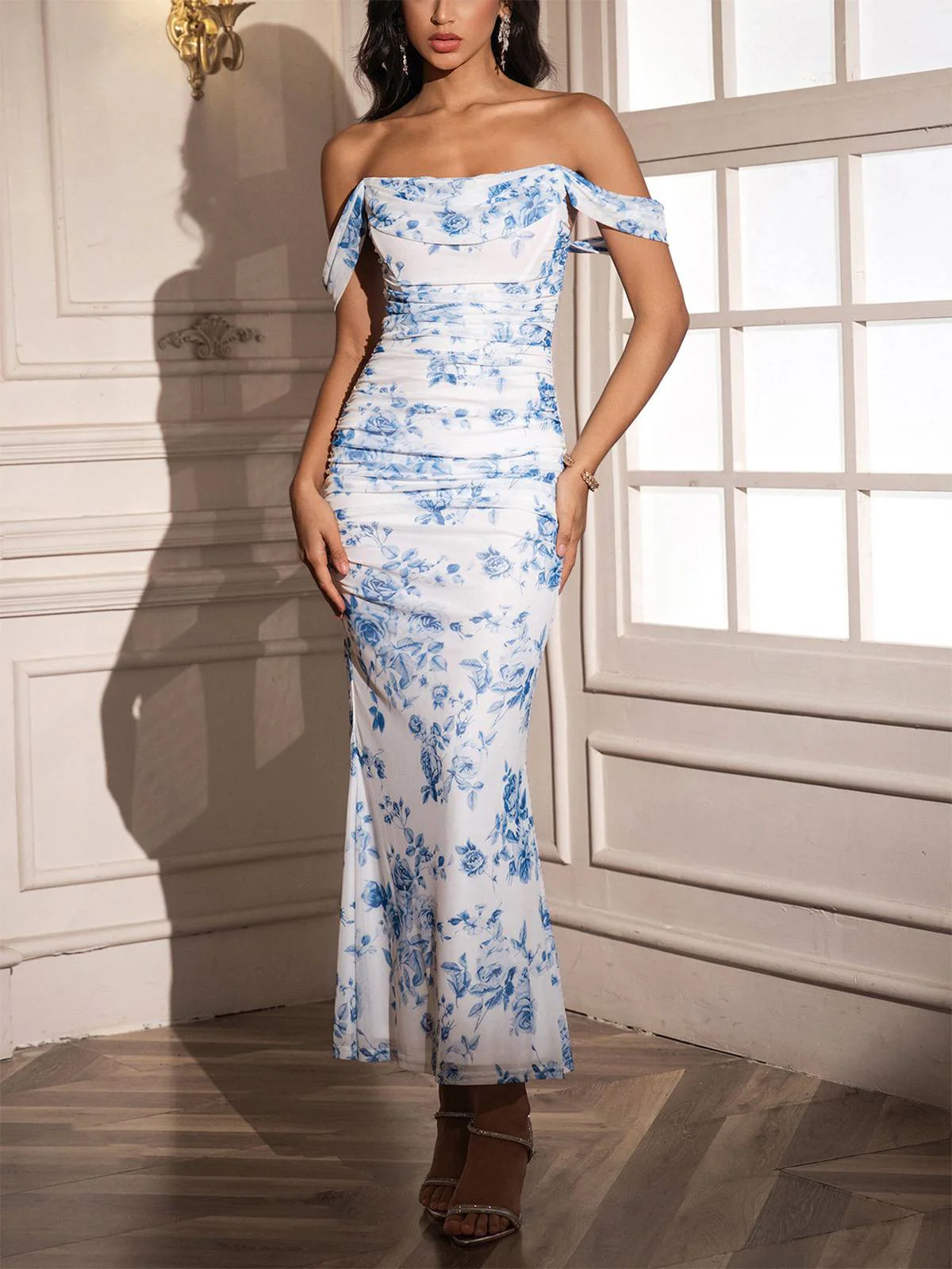 1980s Off-Shoulder Floral Mesh Bodycon Ruched Dress - Image 5